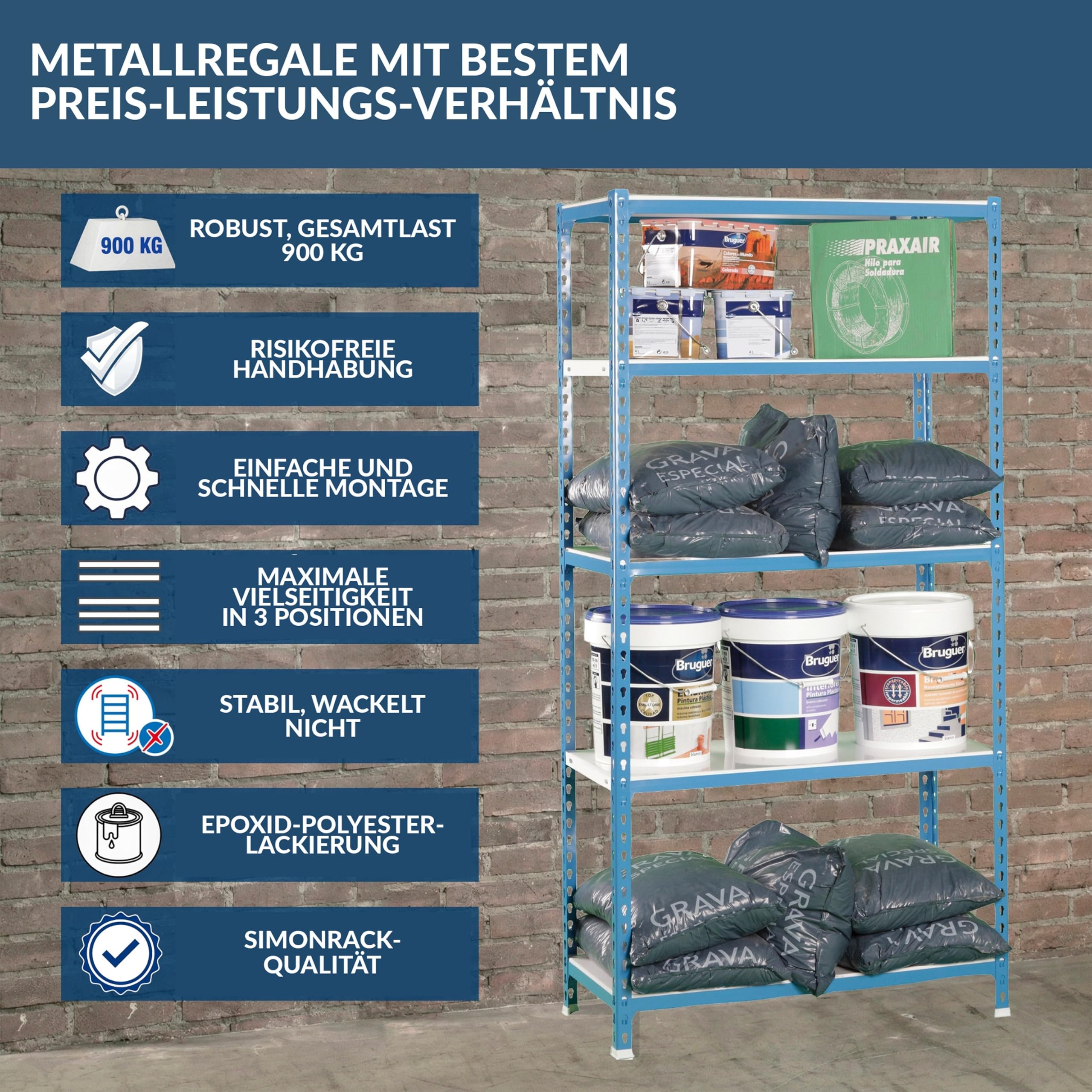 SimonRack Schwerlastregal, Lagerregal, 200x100x30 cm, Metallregal, Kellerregal, Biegestelle 180 kg, 5 Fachböden, Blau/Weiss - Simonclick