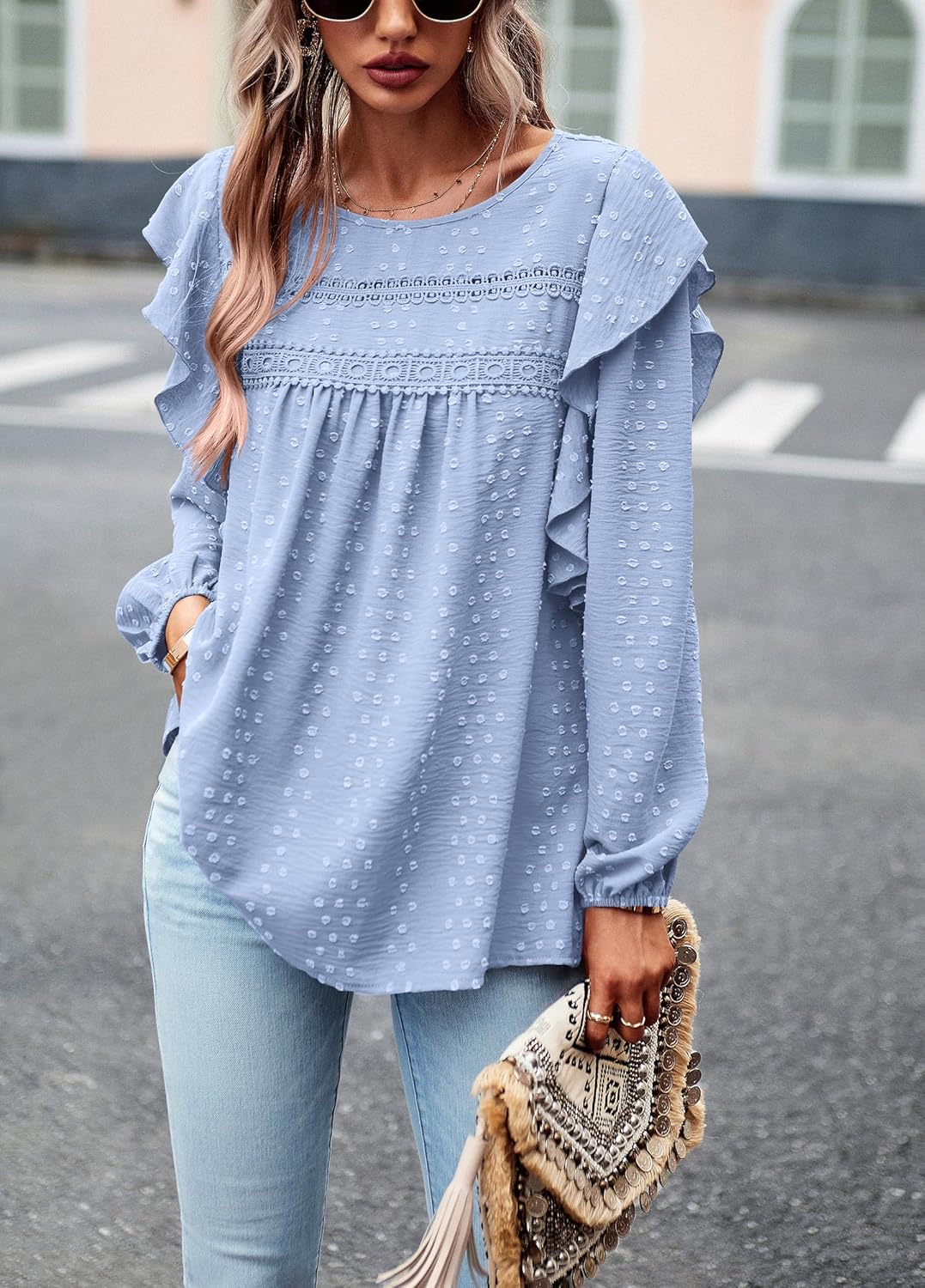 PRETTYGARDEN Women's Long Sleeve Shirts Ruffle Swiss Dot Crochet Loose Fit Tunic Dressy Casual Tops Blouses Spring Fashion - Image 3