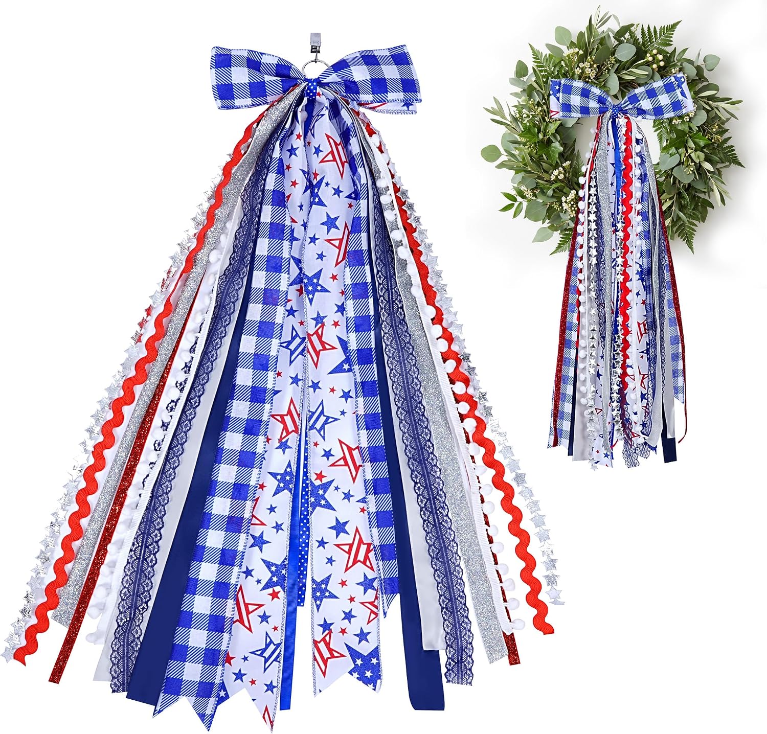 Fanqisi 4th of July Decorations-Patriotic Wreath Sash for Front Door Decor, Assorted Red White and Blue Ribbons Bow with Clip for Memorial Day Decor Outdoor Party Holiday Home Decor