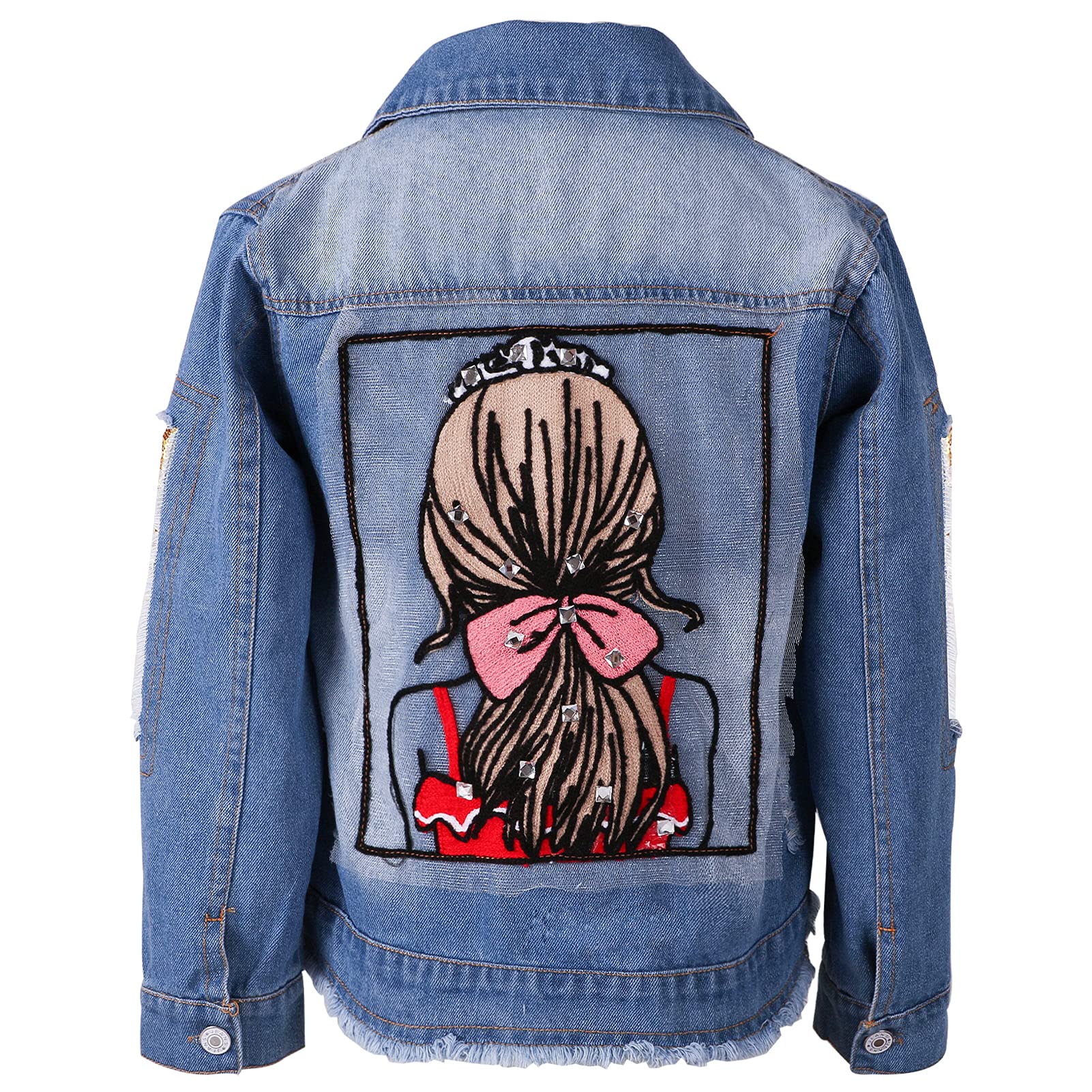 Veste Denim Enfant Fille Blouson Parka Mi-saison Manteau en Jean Enfant Imprimé de Dos de Fille pour Printemps Automne