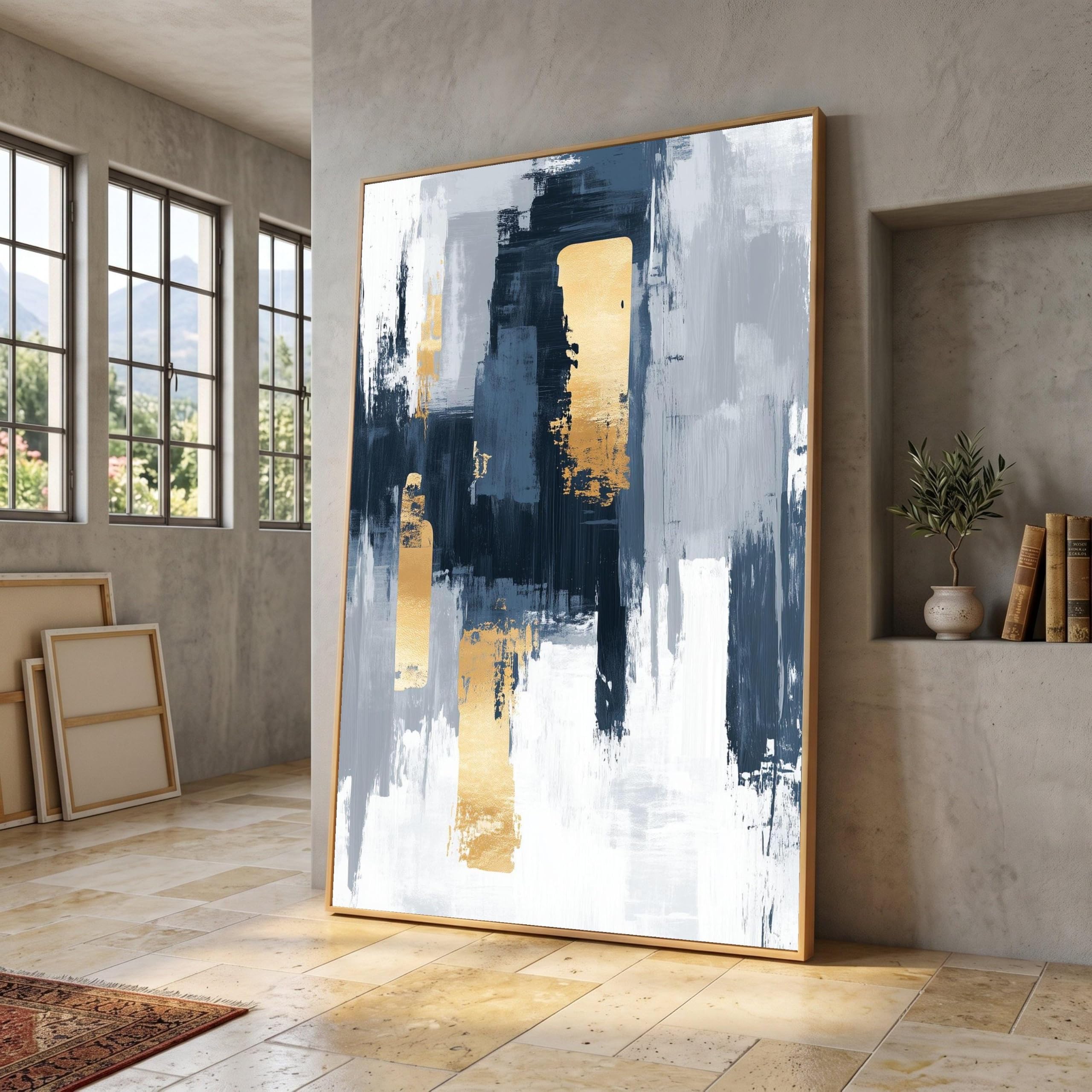 Tongyinli Frameless Gold Navy Blue Abstract Oil Painting Canvas Art, Modern Wall Decor Posters And Prints(70X110cm/Frameless)