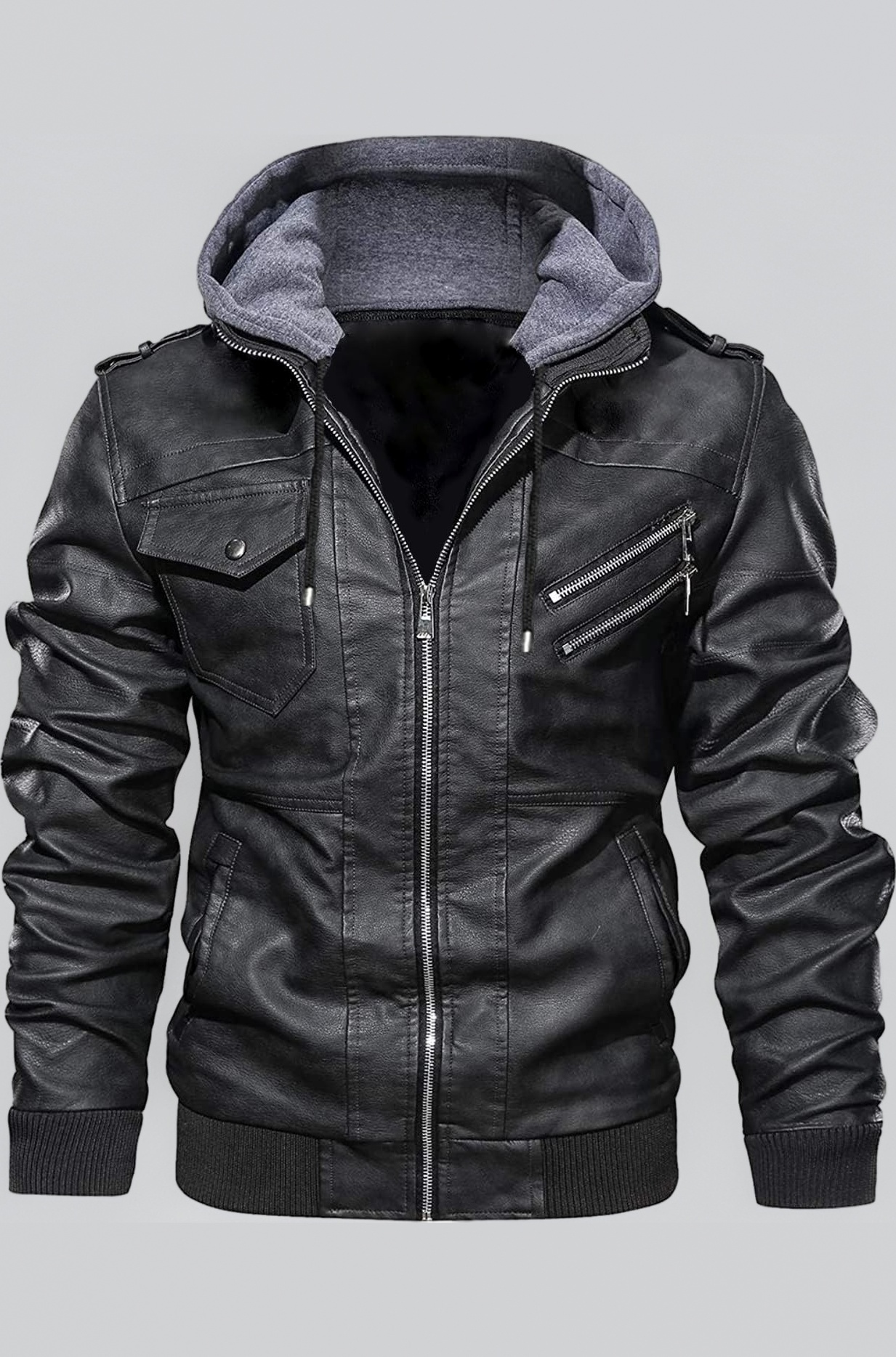 Men's Faux Leather Hooded Motorcycle Jacket, Zip-Up, with Pockets, Removable Hood