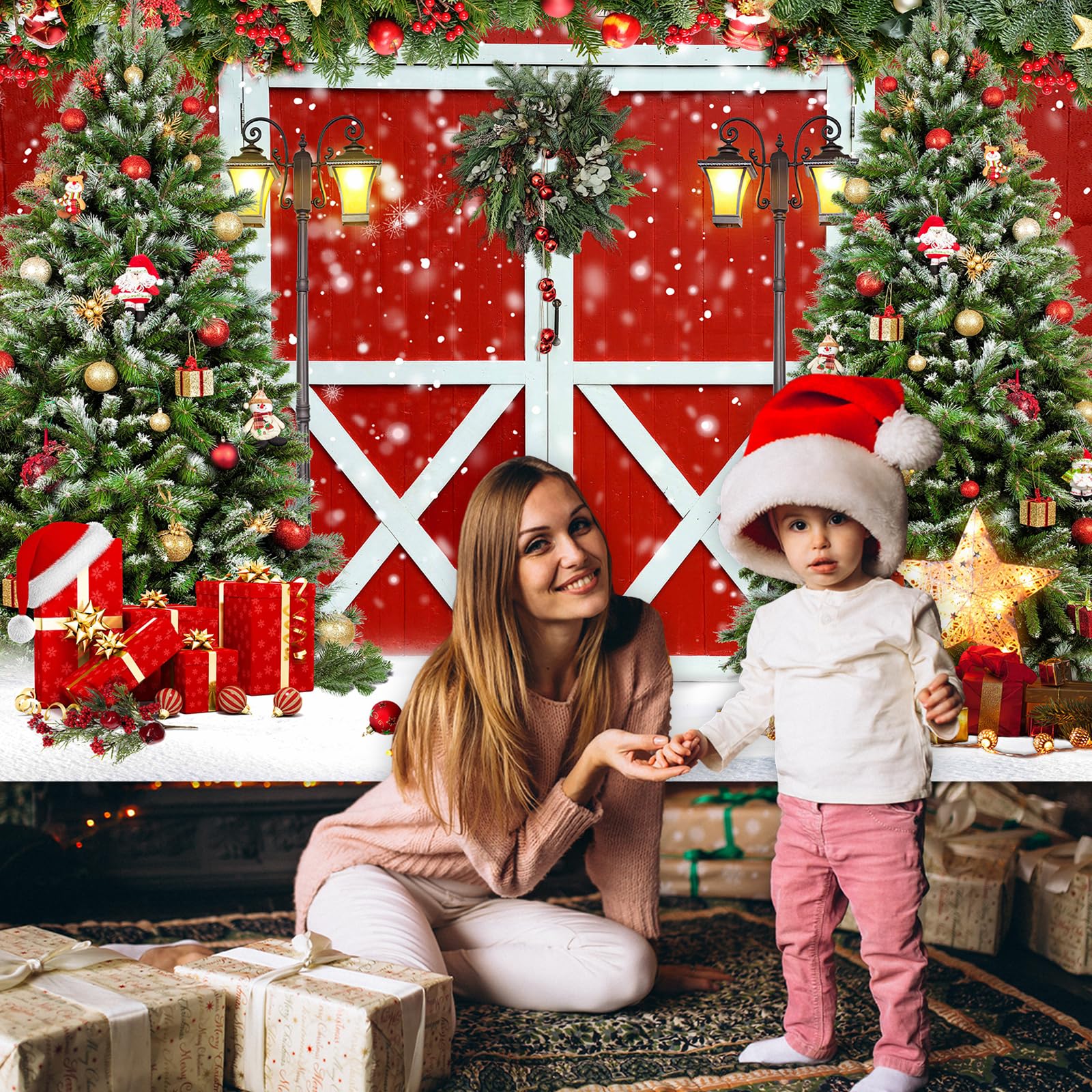 Avezano Weihnachts-Fotohintergrund – Winter-Scheune Design, 2,4x1,8 M, Aus Baumwolle