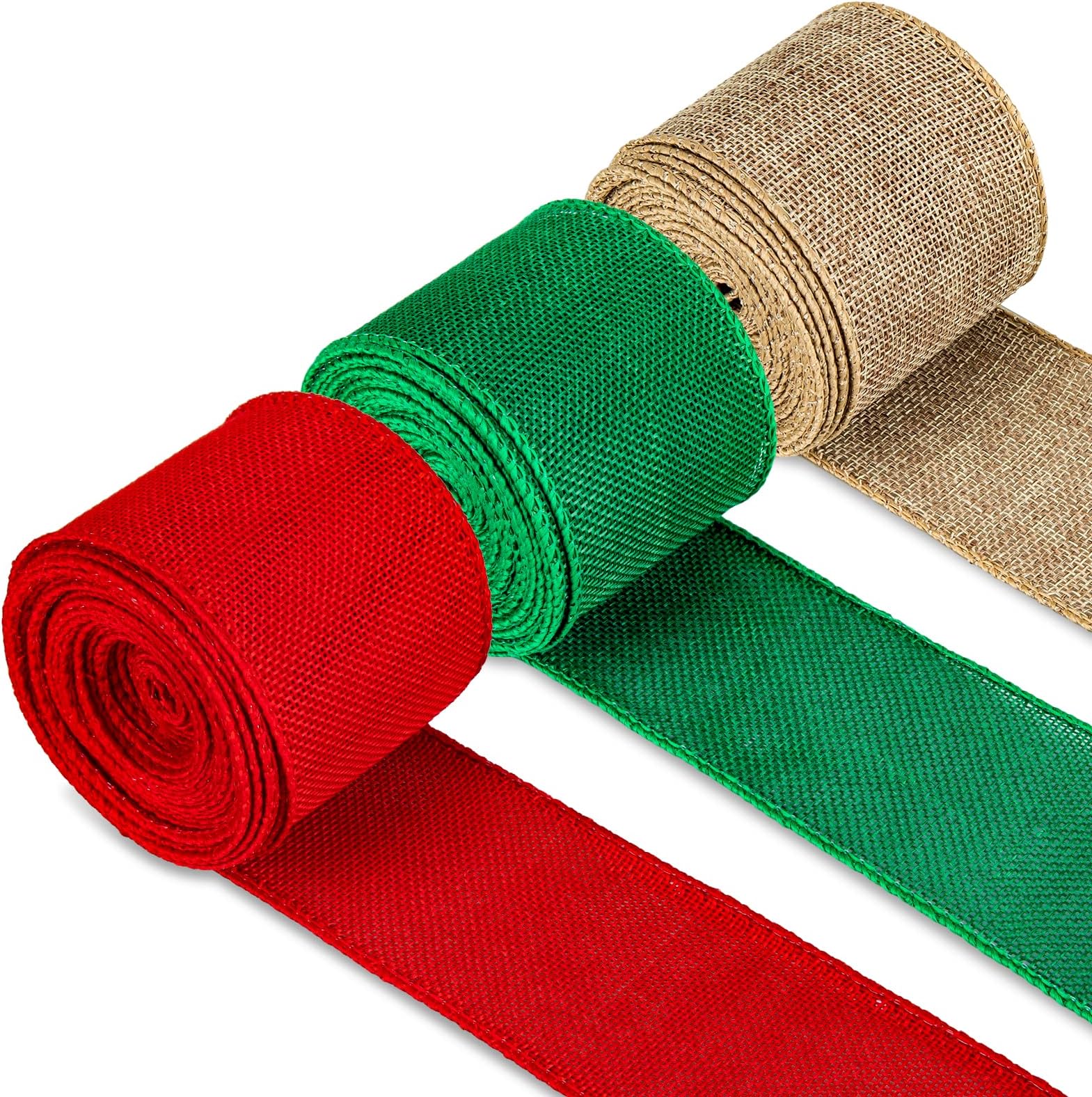 Waline 30 Yard Christmas Wired Edge Burlap Wrapping Ribbon 2.5 Inch Red Green Natural Craft Rustic Decorative Ribbon for Gift Wrapping Wreath Floral Arrangement Bow