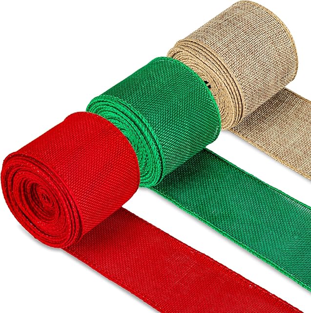 Whaline 30 Yard Christmas Wired Edge Ribbon 3 Colors Burlap Wrapping Ribbon 2.5 Inch Red Green Natural Craft Ribbon Rustic Decorative Ribbon for Gift Wrapping Wreath Floral Arrangement Bow