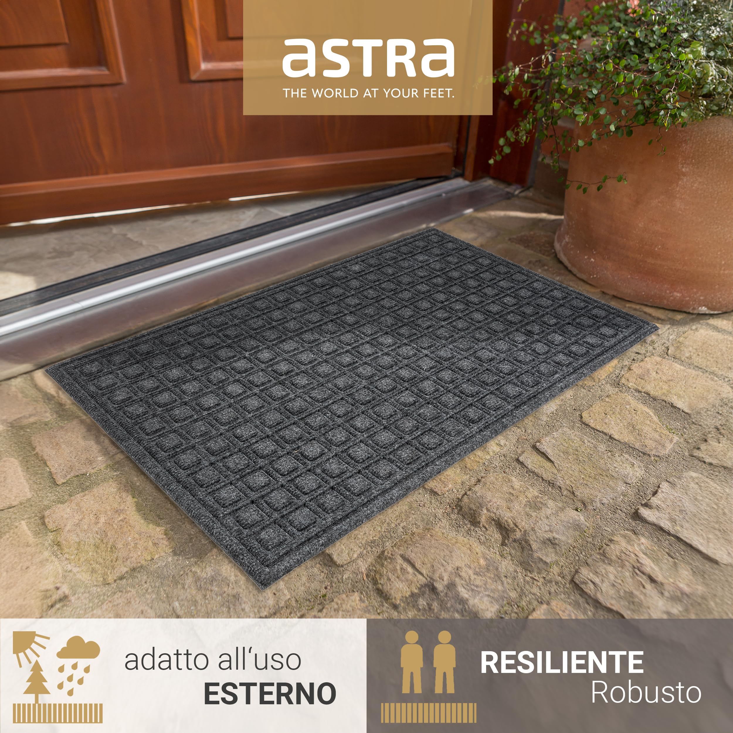 Astra Zerbino antiscivolo per esterni - Tappetino antipolvere resistente alle intemperie - Tappeto per porta d'ingresso antisporco - Set di 2 45 x 75 cm - box grigio