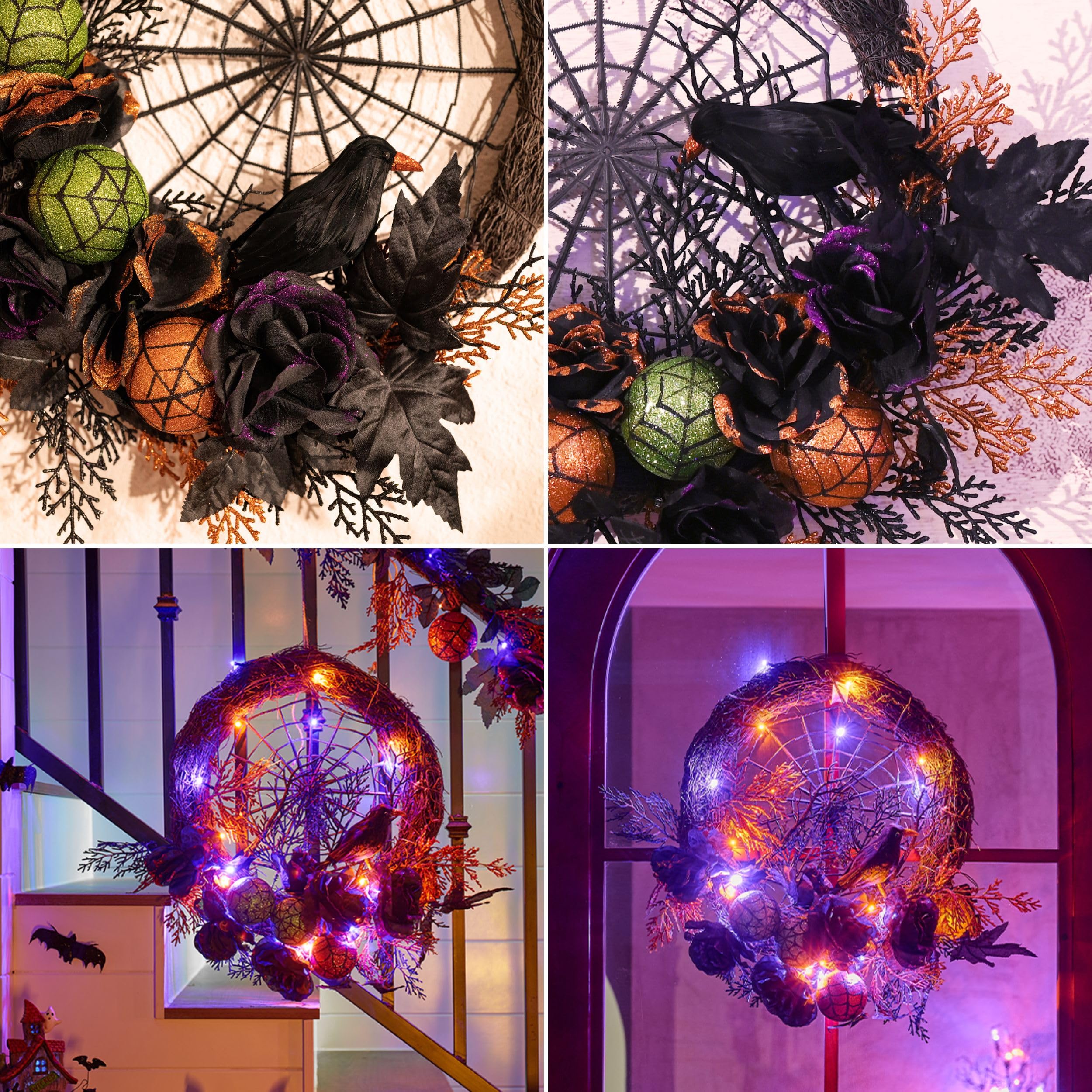 Valery Madelyn Corona de Halloween para puerta delantera con luces, 18 pulgadas, rosas preiluminadas, cuervo, telarañas, adornos de bolas, corona, decoraciones de Halloween para el hogar, centro de