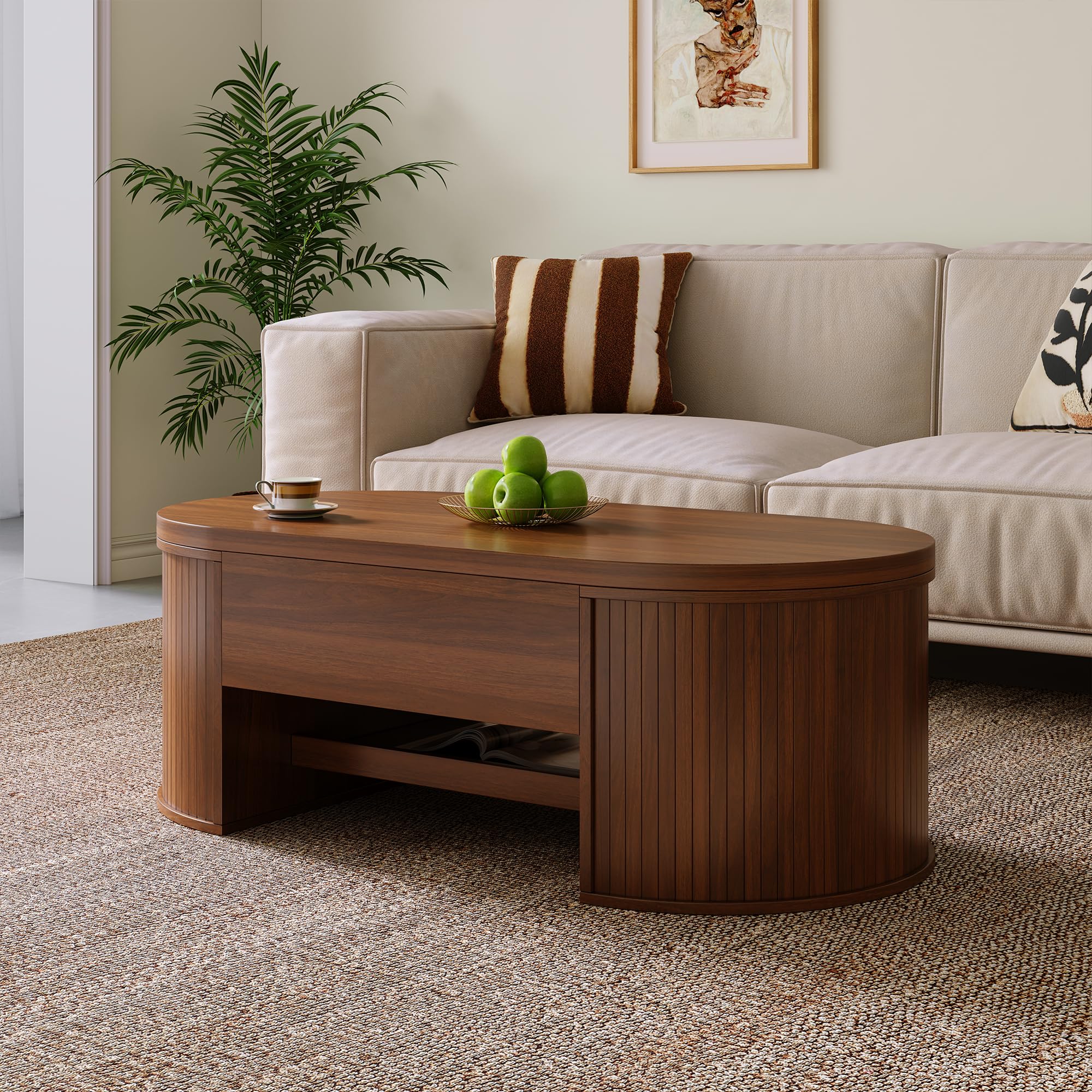 Mesa de salón con lados curvos de madera levantables, tablero deslizante, complemento de mobiliario multifuncional para el salón.
