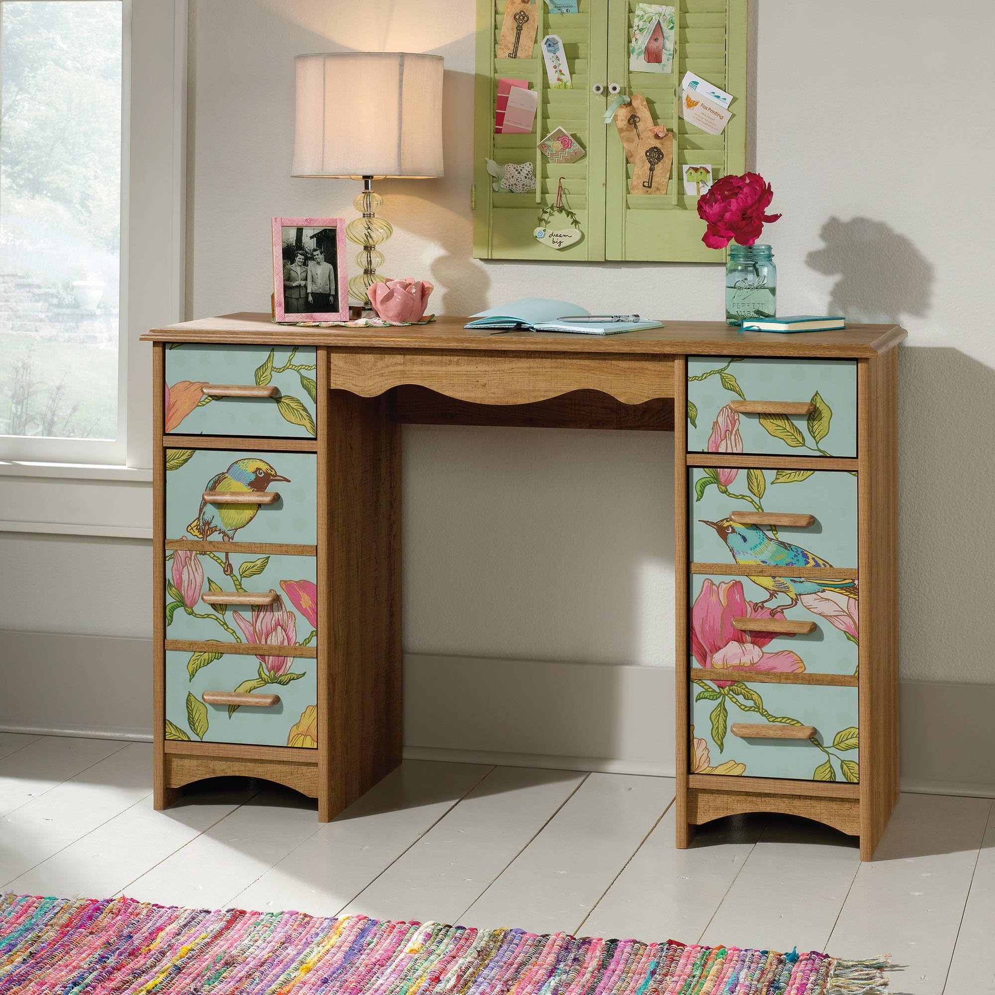 Classic Colorful Eden Rue Desk, Large Workspace area for Computer/Laptop, Multiple Drawer/Storage, a lovely furniture to add at home or office; Scribed Oak/Cobblestone (45.75"W x 15.75"D x 30"H)