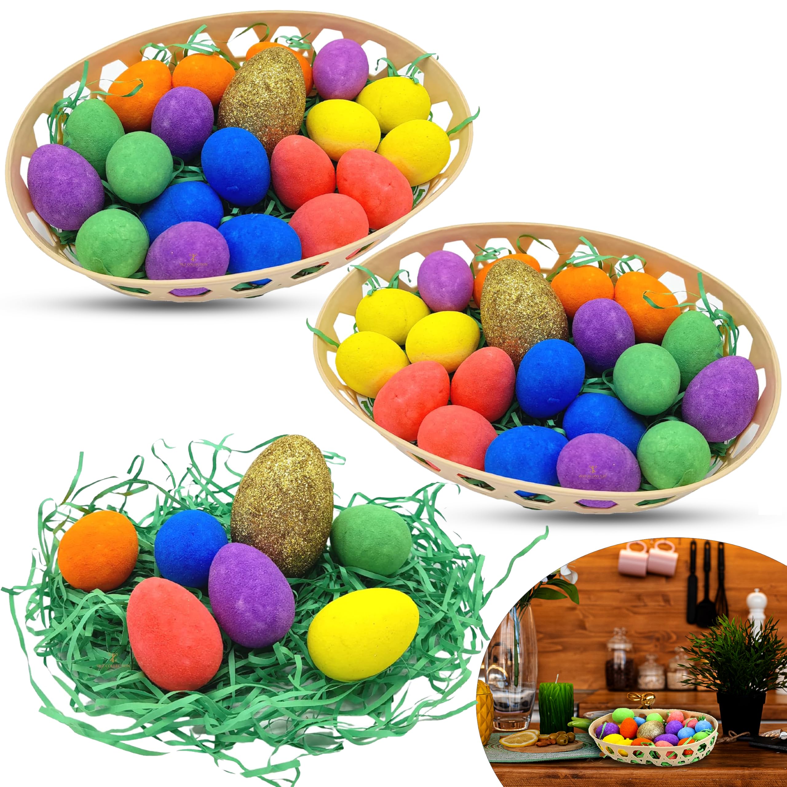Hovuk 42Pcs Easter Egg Set 42Pcs Easter Hamper Baskets With Colourful Eggs - Glitter Eggs In Baskets, Multicolour Foam Eggs Decorations, Hoppy Easter Basket Filler Eggs For Home Table Decorations