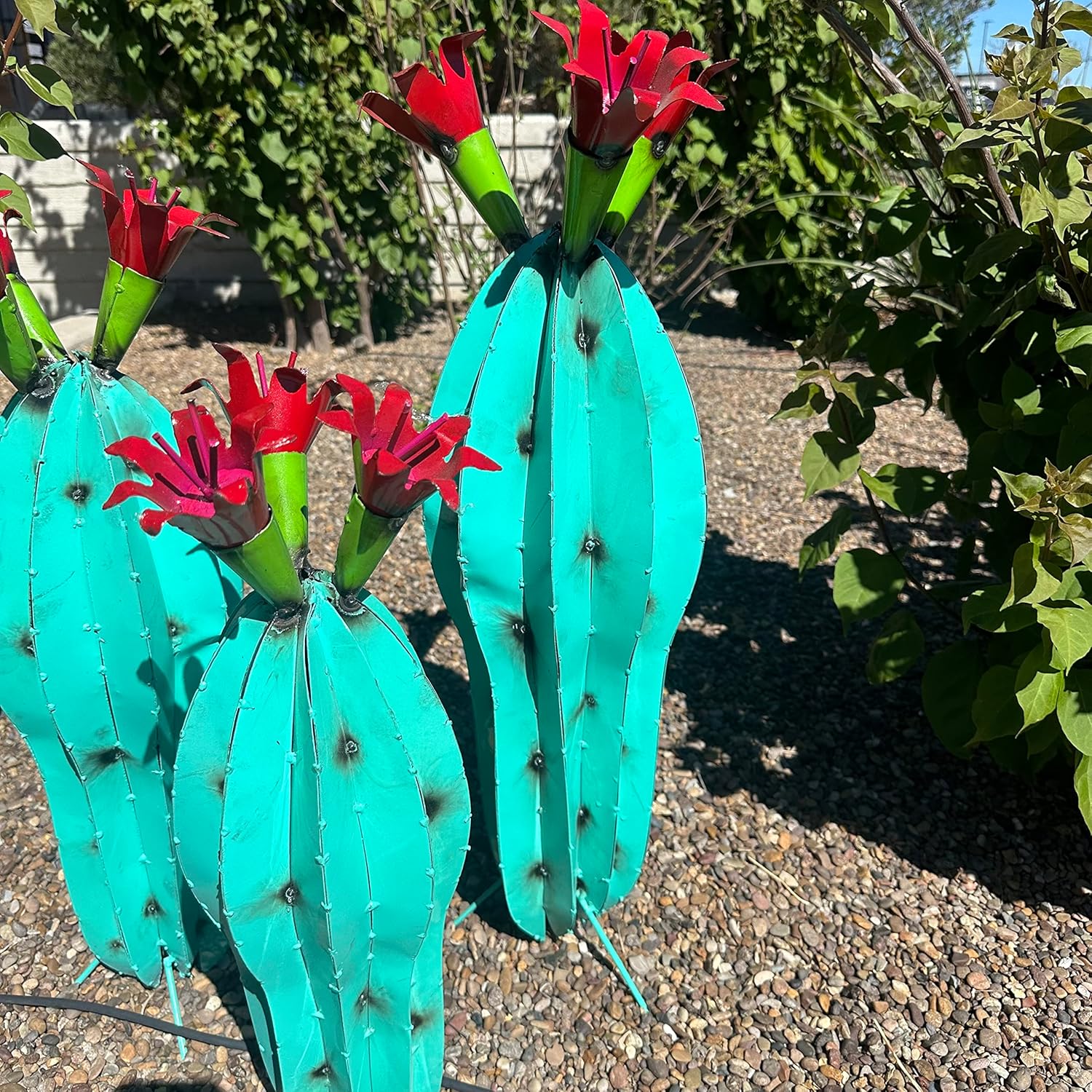 Handmade Metal Peanut Cactus with Flower - Garden Art (Turquoise (25 inches))