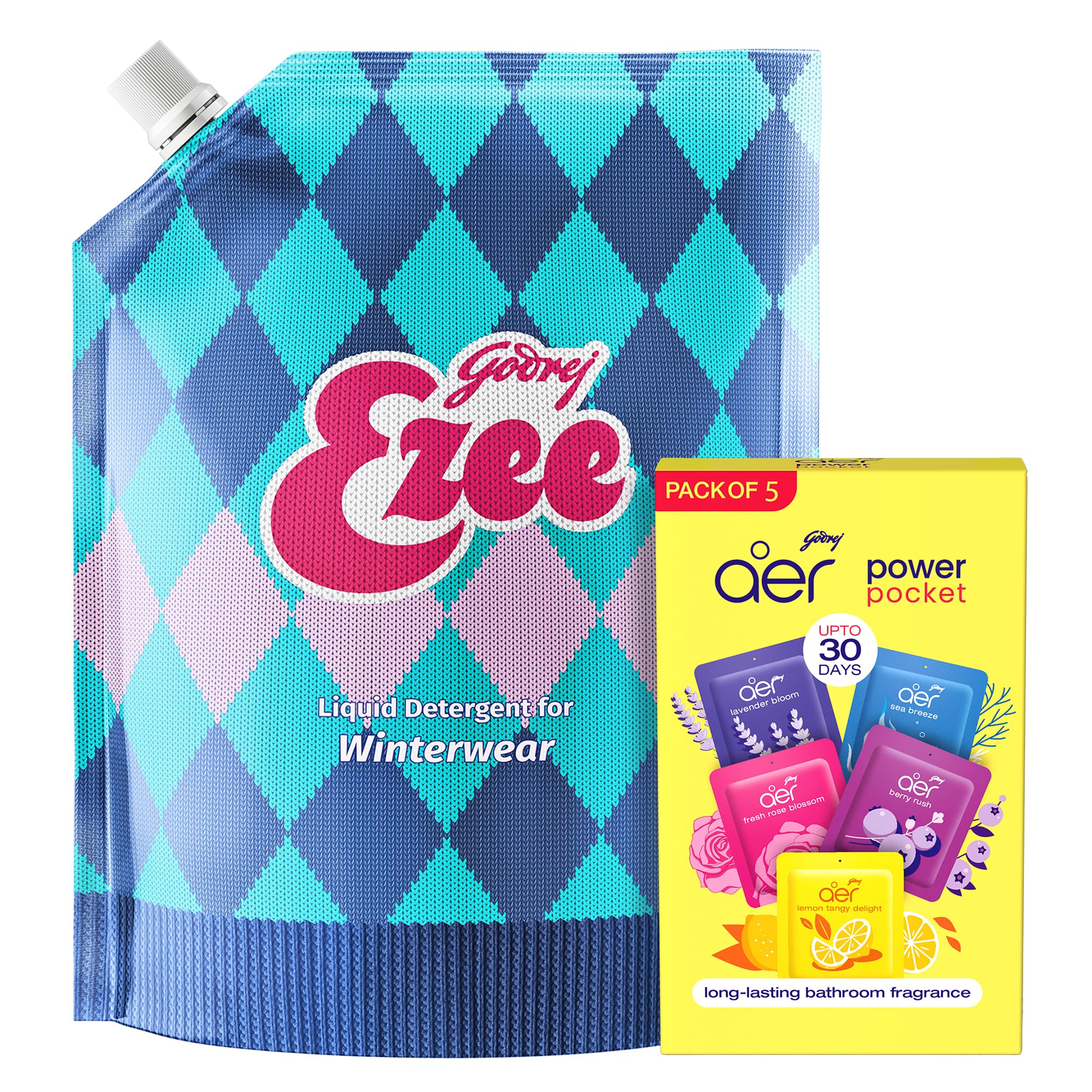 Liquid Detergent 2 kg Pouch for Winter-wear, Added Conditioner, No Soda Formula, Woolmark Certified & Godrej Aer Power Pocket | Assorted Pack of 5 (50g)