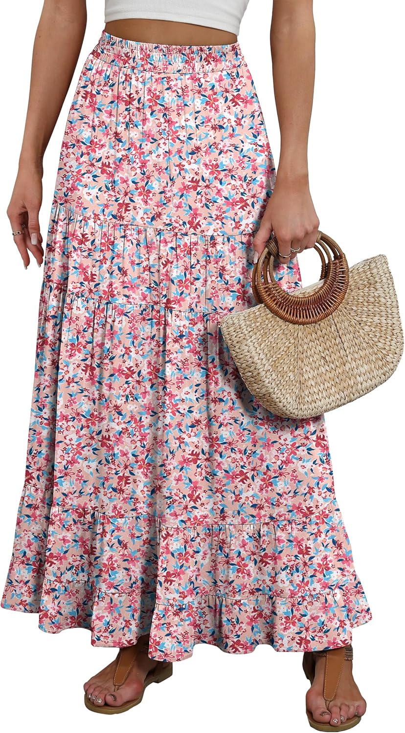 ANRABESS Womens Maxi Skirt Elastic High Waist Swing Tiered A-line Flowy Pleated Boho Beach Vacation Long Skirts