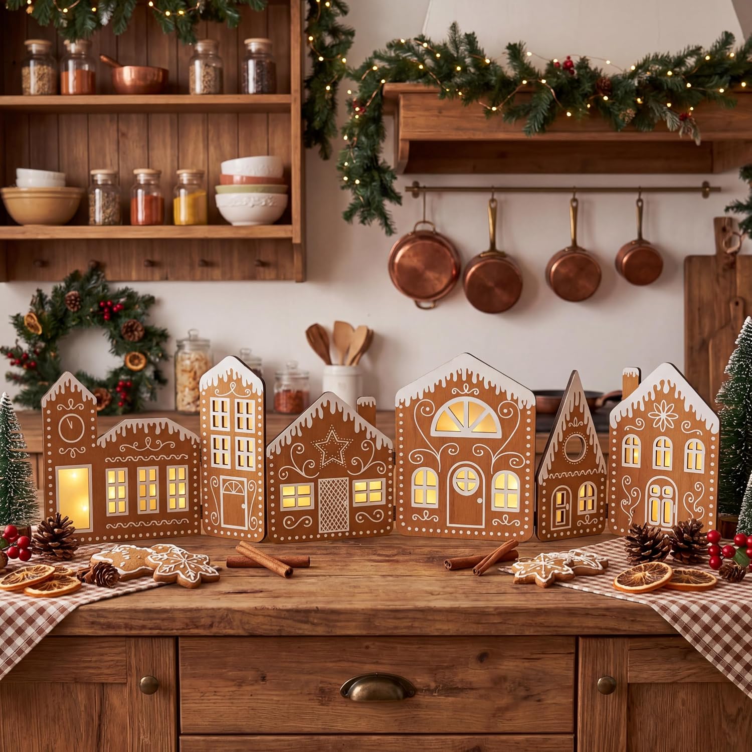 Epakh 2 Sets DIY Christmas Gingerbread House Kit with LED Lights Decor Village Kitchen Cabinets Make a Gingerbread House Craft Kit for Home Cabinets Christmas Party Decoration (Wooden,0.8 x 3.3 ft)