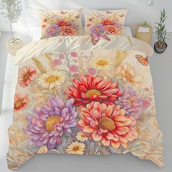 Dahlia Flower Reversible Bedding Set King, Chrysanthemum Floral Soft Microfiber Duvet Cover, Breathable, Watercolor Pastoral Comforter Cover with Zipper Closure, 3 Pieces