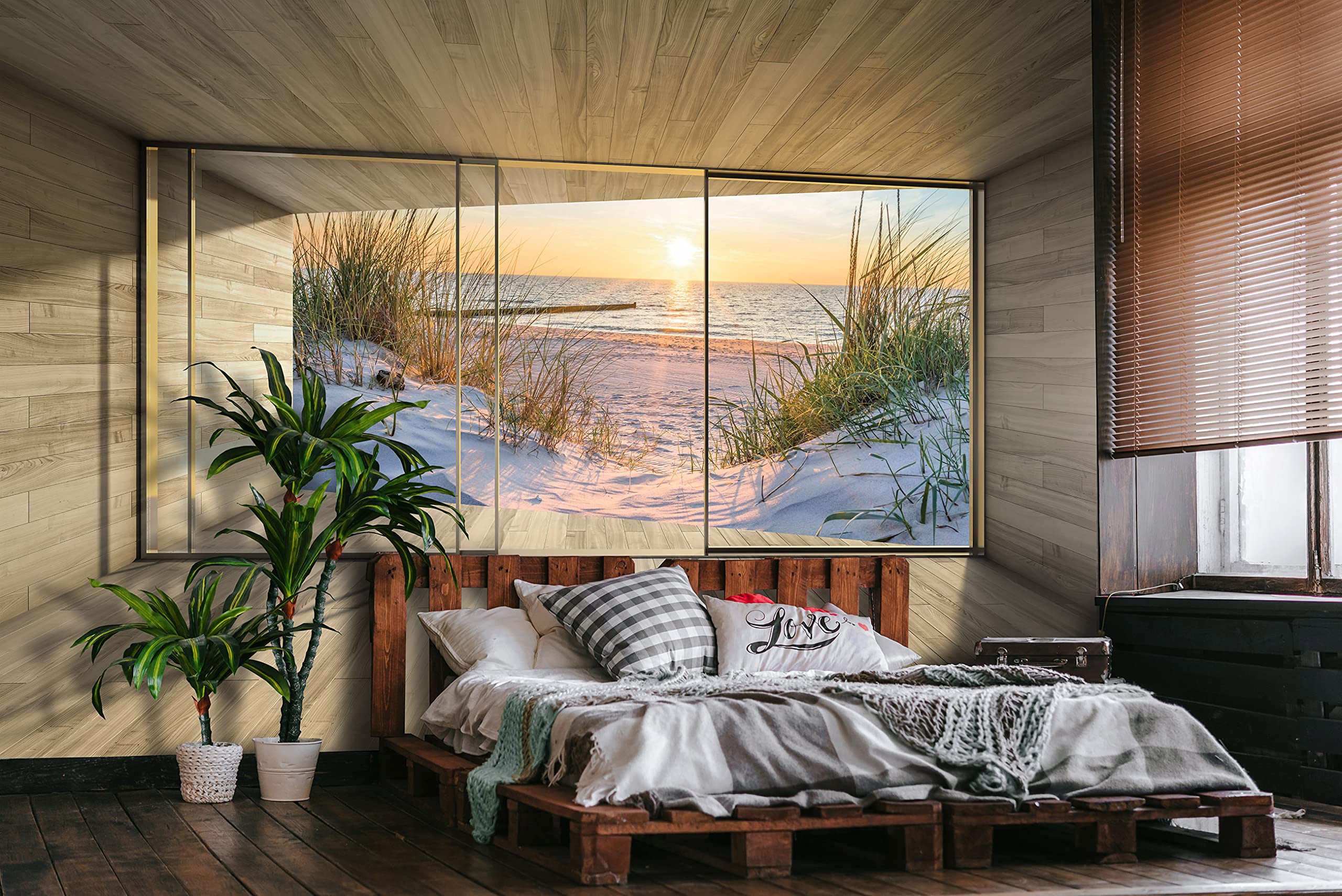 Wallarena Fototapeta z efektem 3D, widok na okno, Morze Północne, plaża, morze, nowoczesna, do salonu, sypialni, odporna na działanie promieni UV, gotowa do montażu (416 x 254 cm - 4 pasy)