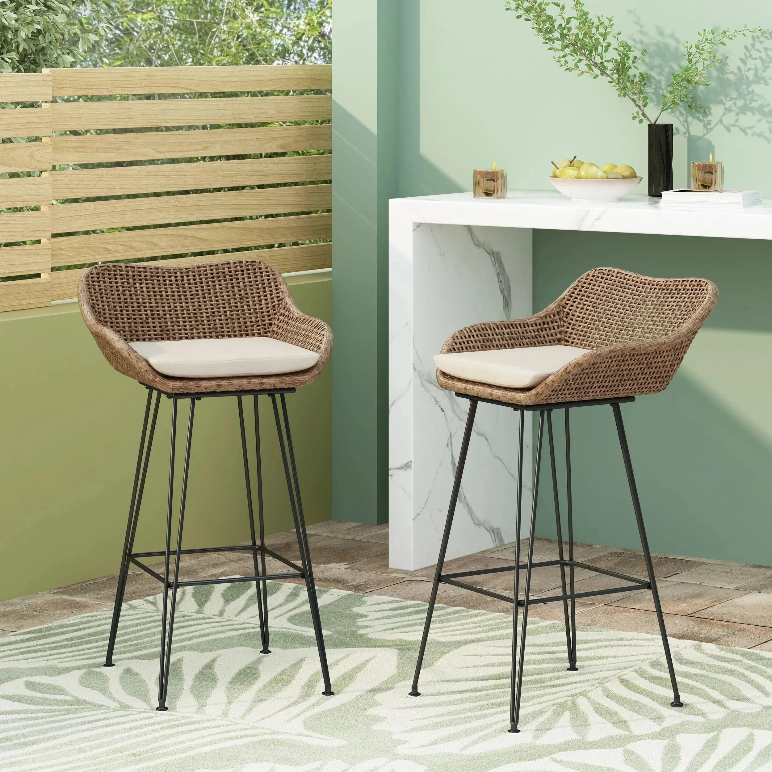 DTY Outdoor Bar Stools PE Rattan & Iron Waterproof Cushions Included Set of 2 - Default