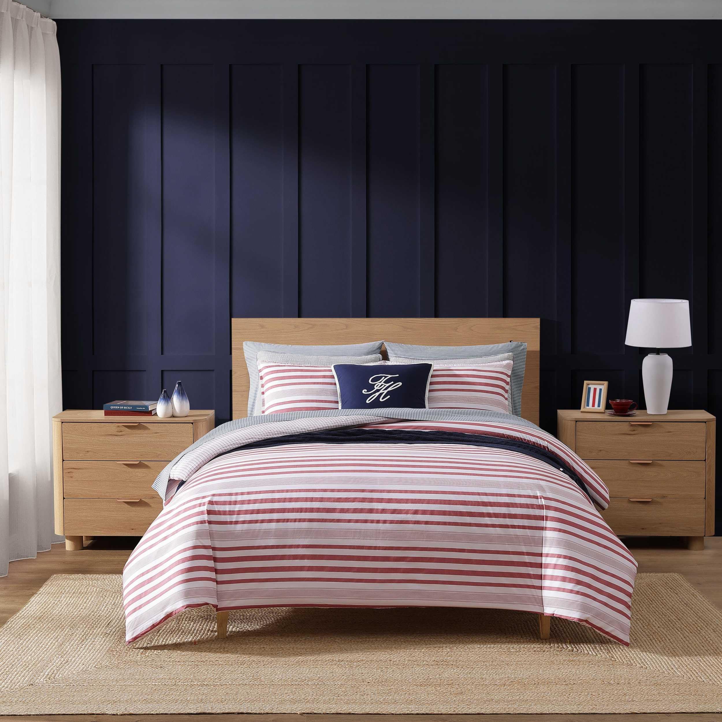 Queen Comforter Set, Cotton Americana Inspired Bedding with a Naturally Soft Feel, 3 Piece Bed Set with Matching Pillowcases (Mandalay Beach Stripe/Vermont Square Plaid Red)