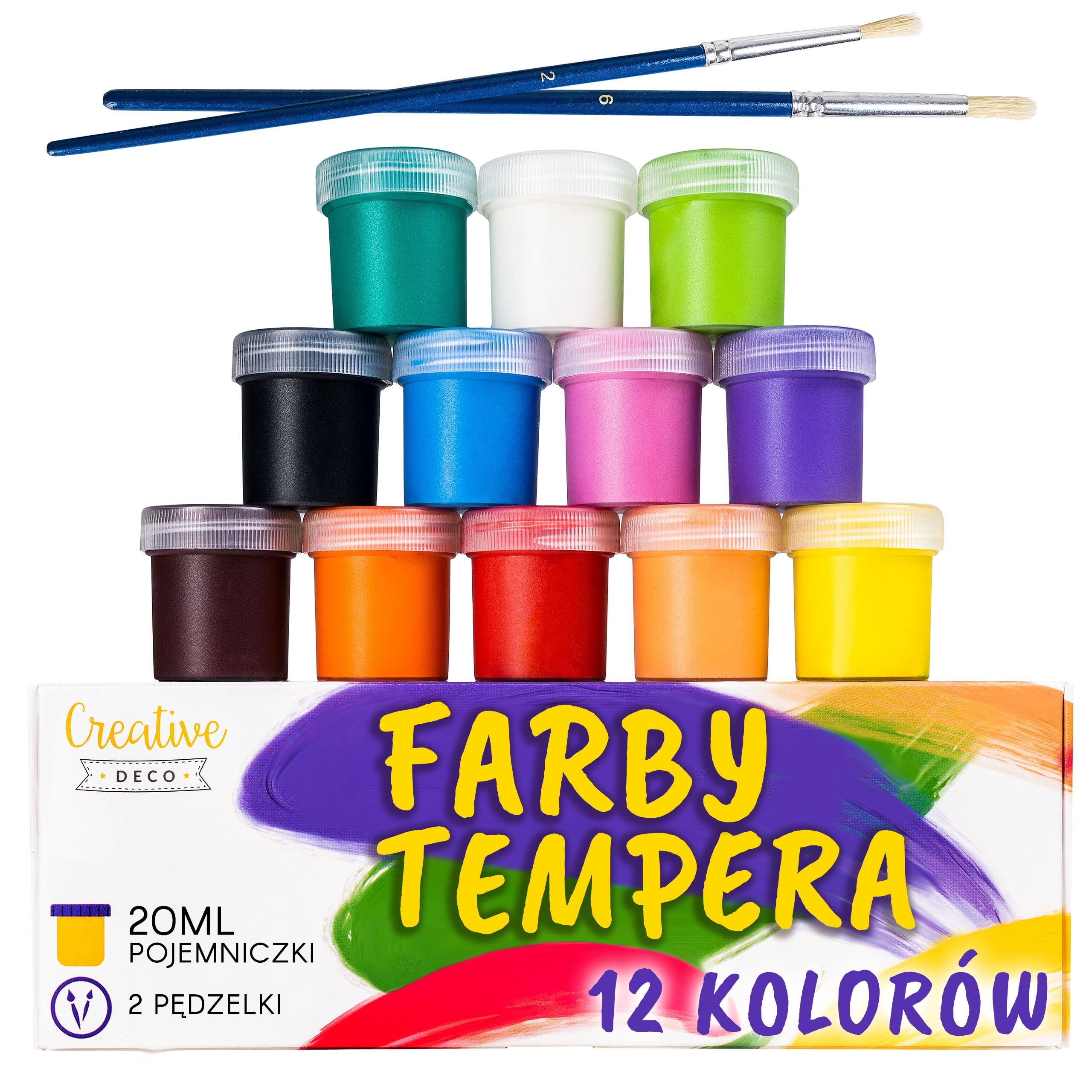 Creative Deco Tempery Zestaw Farb Plakatowych | 20 ml x 12 Kolorów | Zmywalne Farby dla Dzieci | Podstawowe Intensywne Nasycone Kolory | Bezpieczne i Nietoksyczne | Dobre Krycie i Matowe Wykończenie