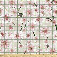 Vista 2 de Ambesonne The Yard - Tela de flor de cerezo por The Yard, flores japonesas simbólicas de primavera en un arreglo aleatorio, tela decorativa