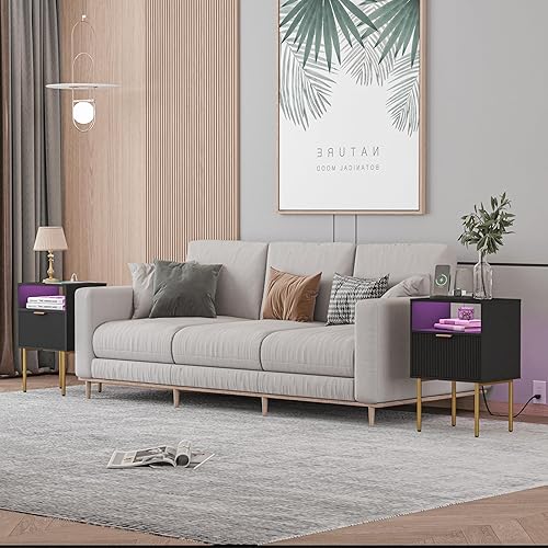 Miniatura 6 de Moderna mesita de noche con estación de carga y luces LED, mesita de noche negra con cajón, mesita de noche acanalada para sala de estar, dormitorio