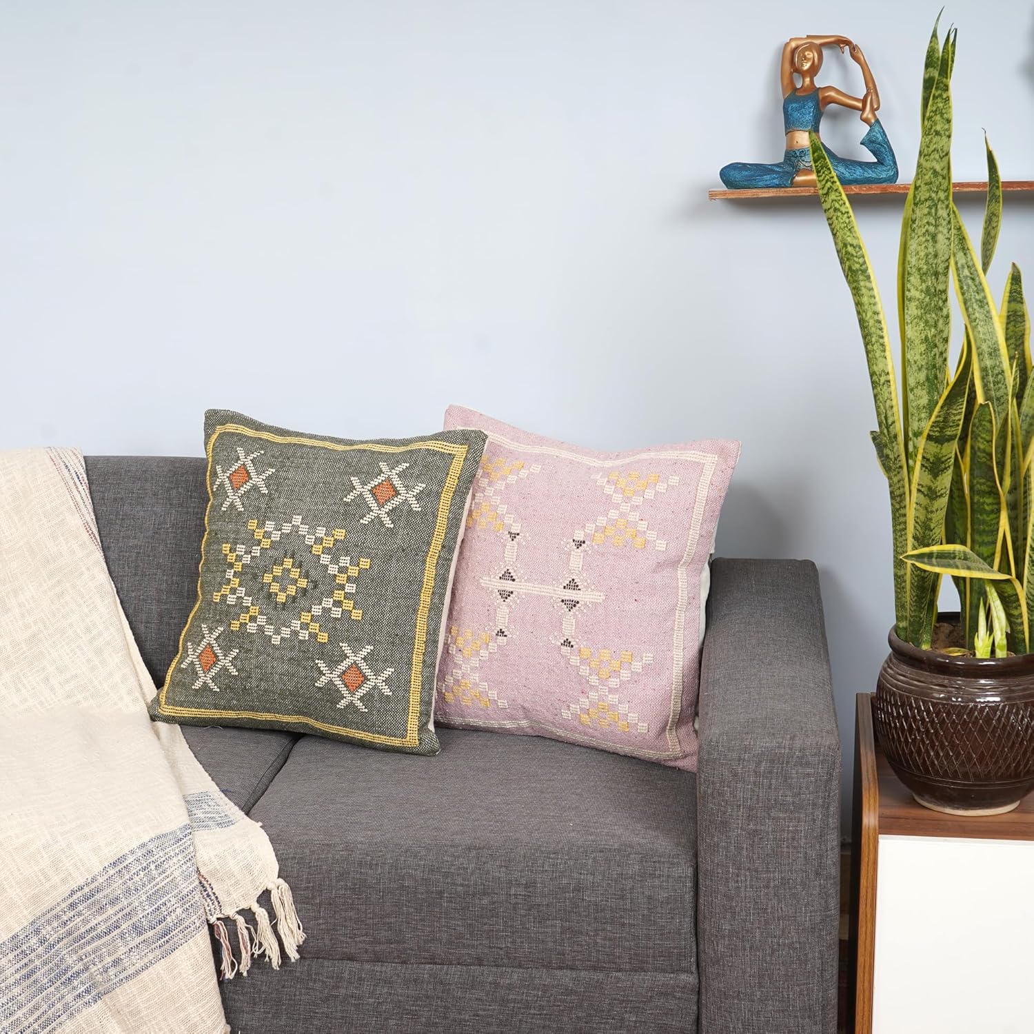 Handmade Beautiful Sabra Pillow Cover Decorative Cotton Cushion Cover for Sofa, Couch, Bed or Living Room, Boho Tribal Throw Pillow Cover 18x18 inch Set of 2 (Pattern 10)