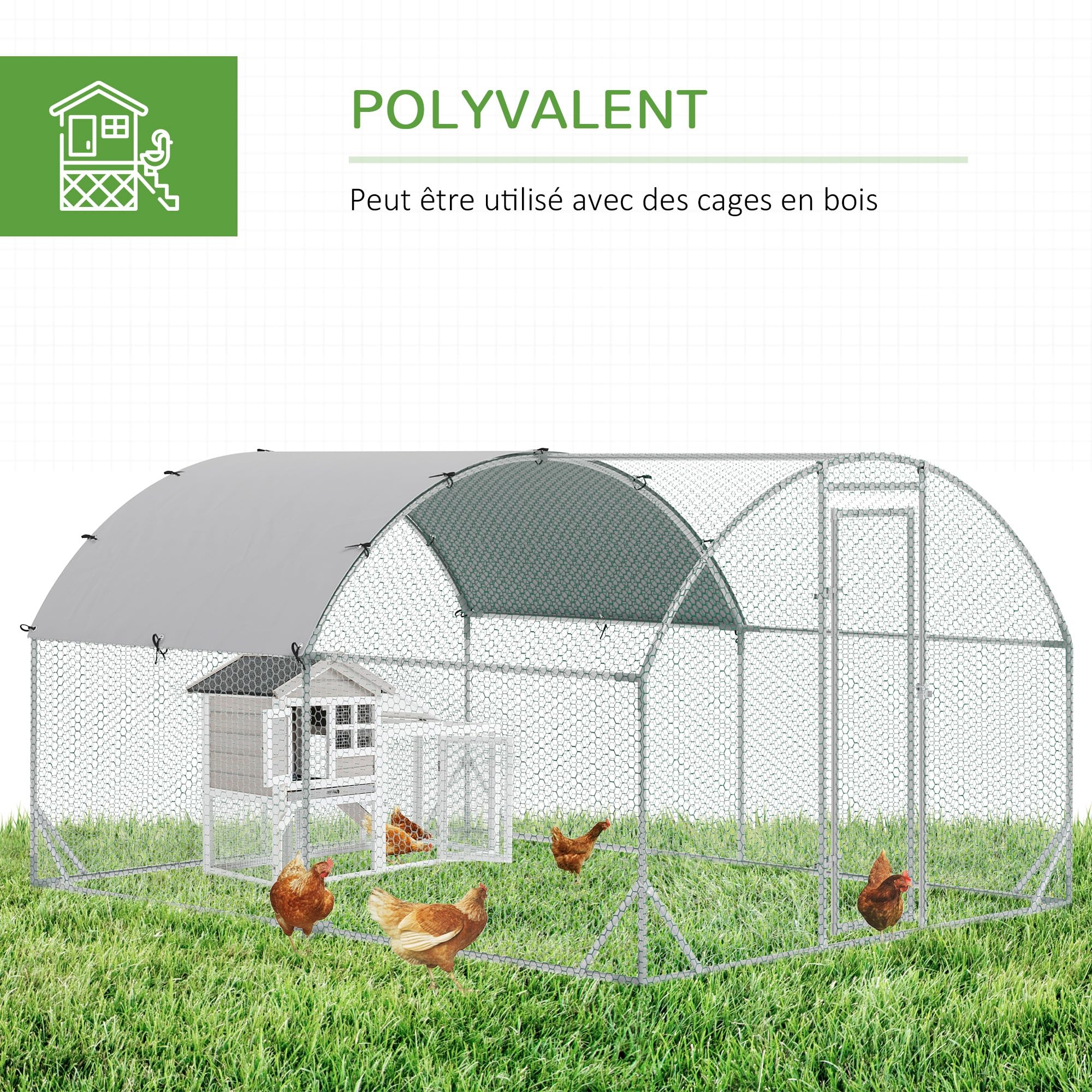 PawHut Grand Enclos Poulailler Extérieur 10,64 ㎡ 2,8 x 3,8 x 1,97 m Argenté | Chenil, Volière Extérieure, Parc Grillé, Toit Anti-UV, Acier Galvanisé, Porte Verouillable