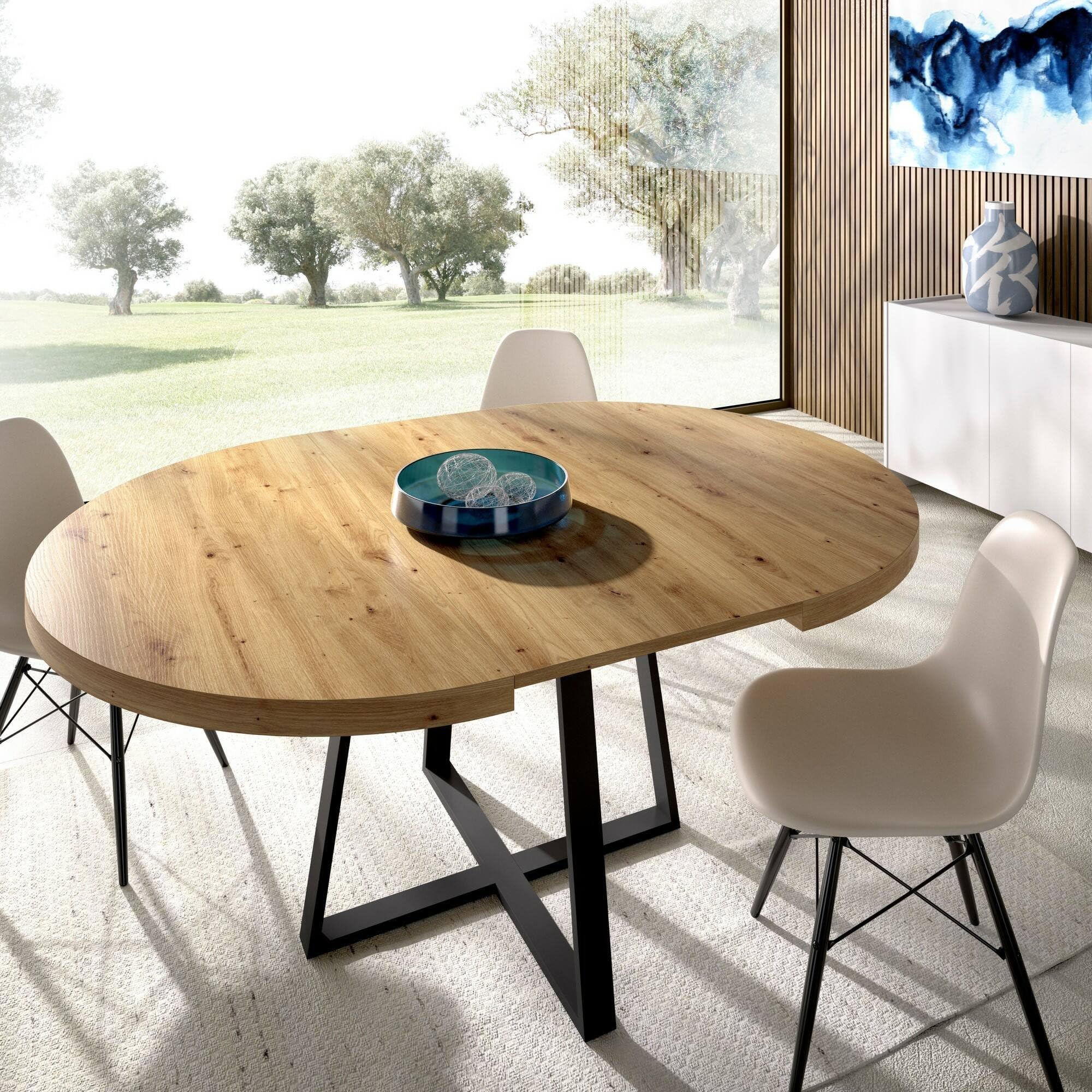 Dmora -Tavolo allungabile Casarola, Consolle estensibile rotondo, Tavolo da pranzo multiuso ovale, 110/158x110h77 cm, Rovere Nodi
