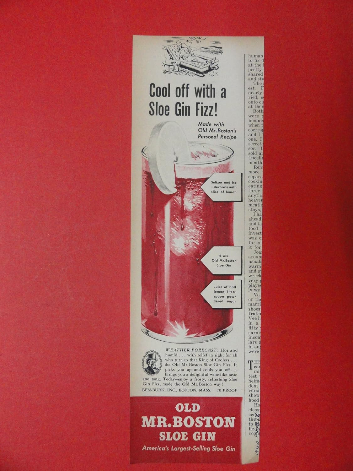 Old Mr. Boston Sloe Gin, 1940 Print Ad (cool off with a