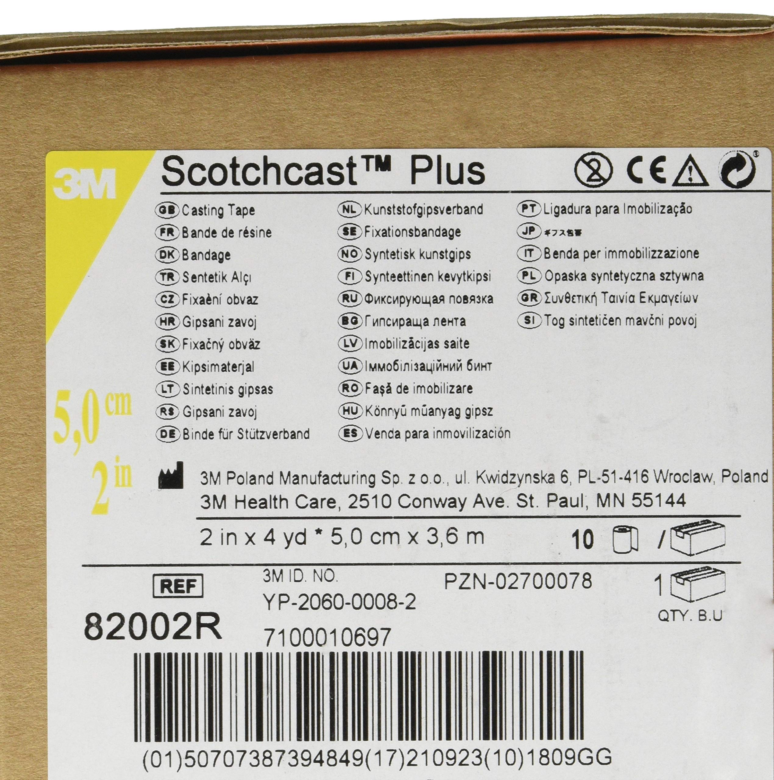 3M Scotchcast Plus - Vendaje de fibra de vidrio con resina de poliuretano activable con agua, ligero, resistente, transpirable, color rojo, tamaño 5 cm x 3,65 m, paquete de 10 unidades
