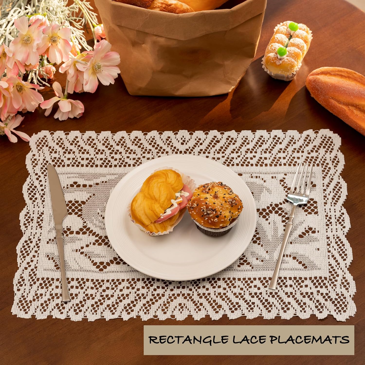 Jayla 2 Pcs Rectangle Lace Placemats for Tables Embroidered Lace Tablemats Vintage Crochet Floral Table Runner Vintage Wedding, Tea Party Decor,12x17 Inch