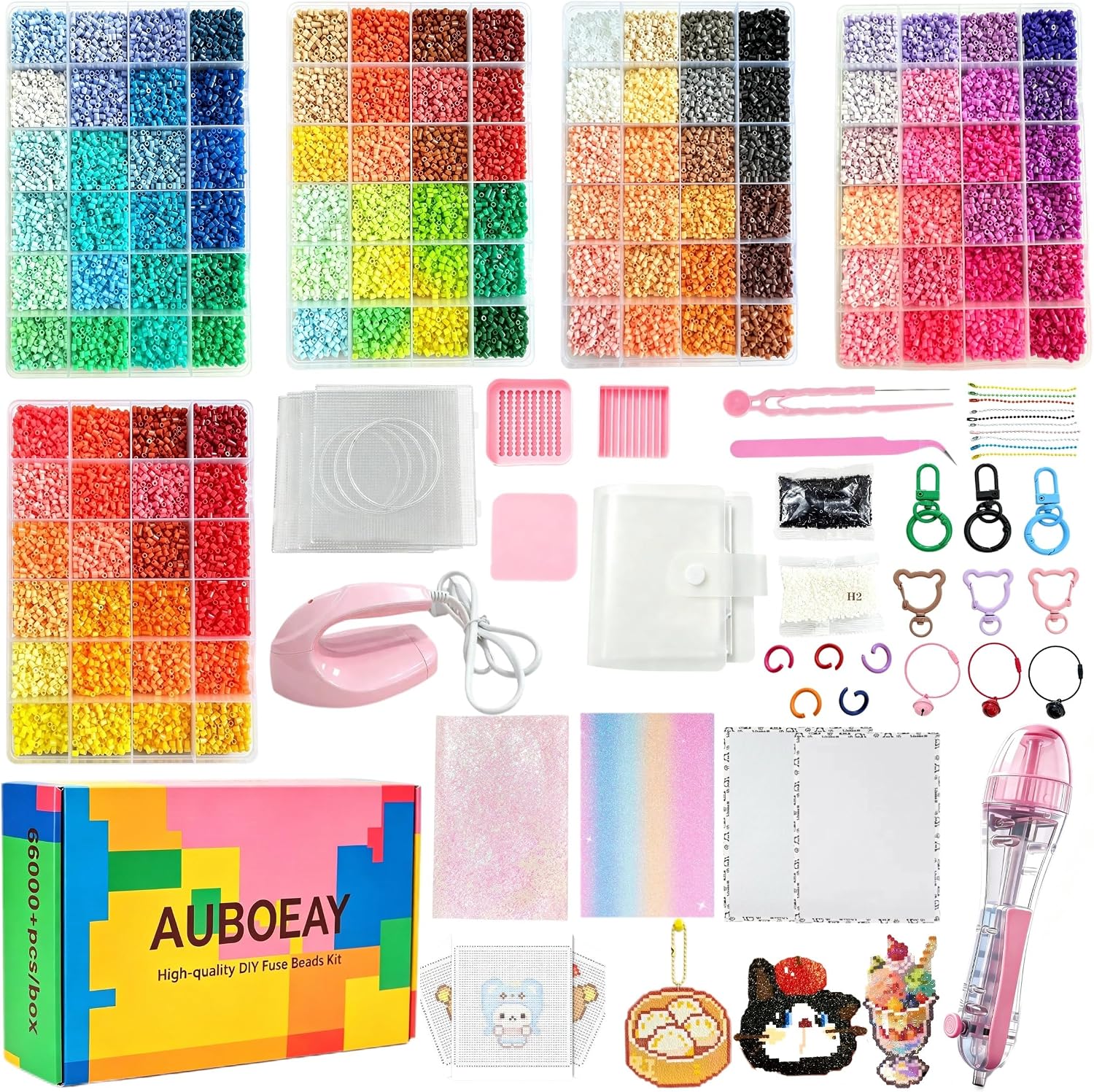 AUBOEAY 66000 PCS 120 Colors 2.6mm Mini Fuse Beads All in One DIY Craft Kit with Mini Iron Tweezers and Hanging Hook Accessories Ideal for Home Decor Crafts Gifts, Ideal Gift,Pixel Art