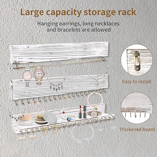 Miniatura 4 de Juego de 3 estantes colgantes para joyas, de madera, para colgar en la pared, aretes, collares, pulseras, organizador de estantes