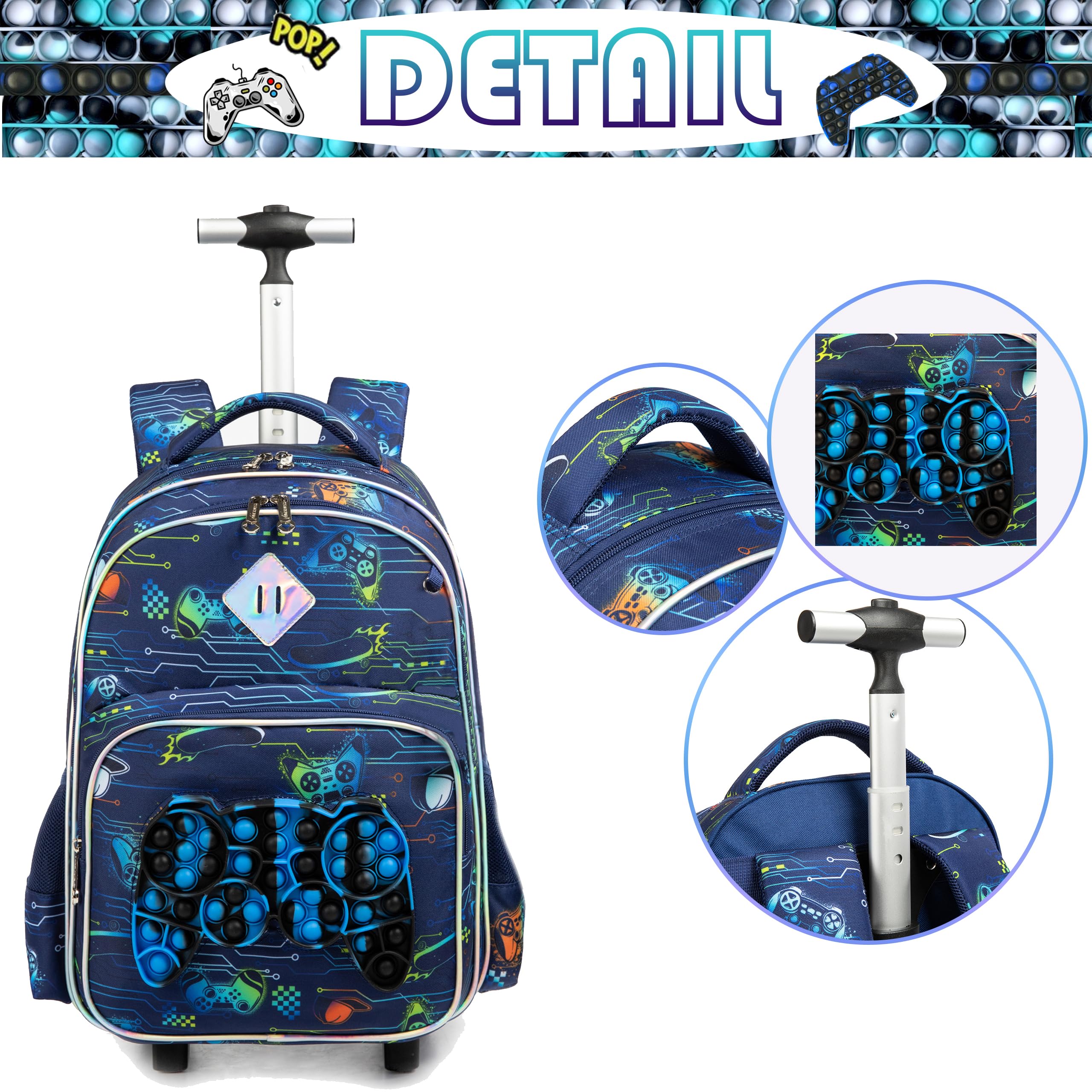 HTgroce Cartable a Roulette Garçons Primaire, 3 in 1 Sac à Roulettes Bagages De Voyage avec Roues Sac À Lunch Et Étui À Crayons.