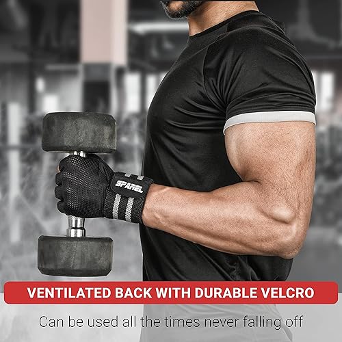 Miniatura 5 de SPAREL Guantes de entrenamiento para hombres con soporte para muñeca, guantes de levantamiento de pesas para hombres, guantes de gimnasio, guantes