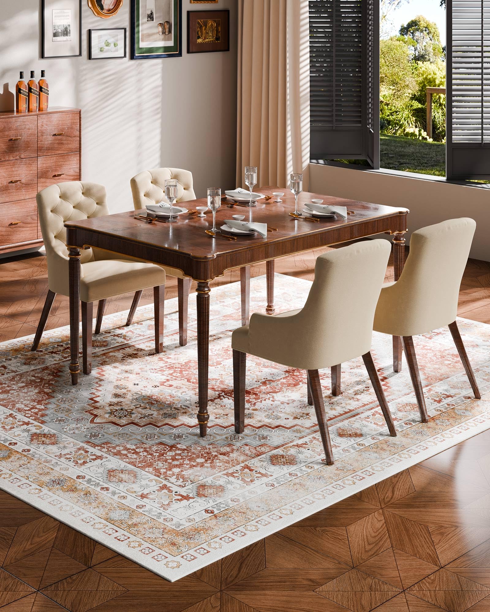 VEVOR Tapis Salon, 2,4 x 3 m, Grand Tapis Chambre Lavable et Antidérapant, Poils Courts et Denses, Résistant aux Griffures Animaux, Doux, Style Vintage, pour Chambre, Bureau, Entrée, Marron et Rouge