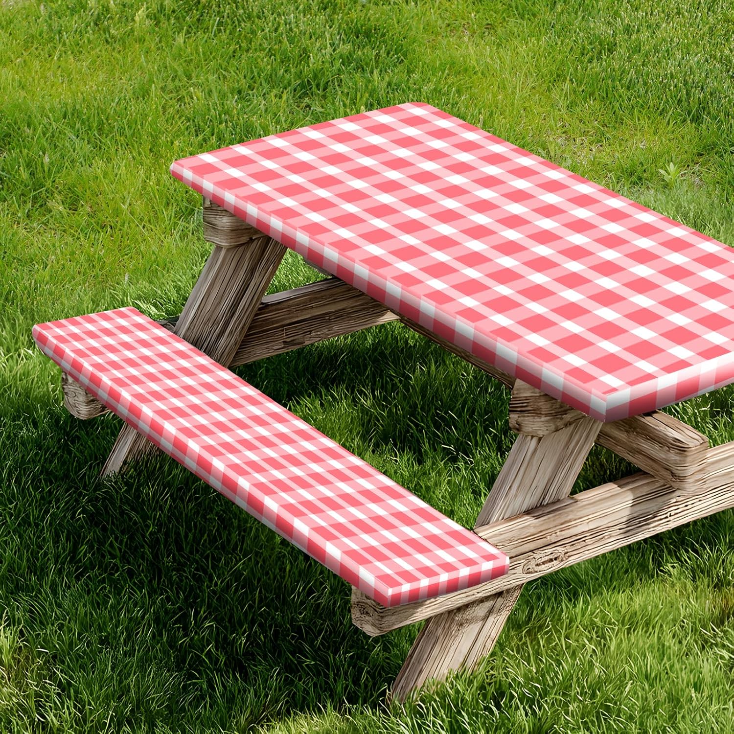Picnic Table Cover and Bench Covers, Fitted Tablecloth Cover with Elastic Edge, Water and Oil Proof, for Outdoor, Garden, Camping, 72x28 Inch, 3 Pieces Set, Red & White