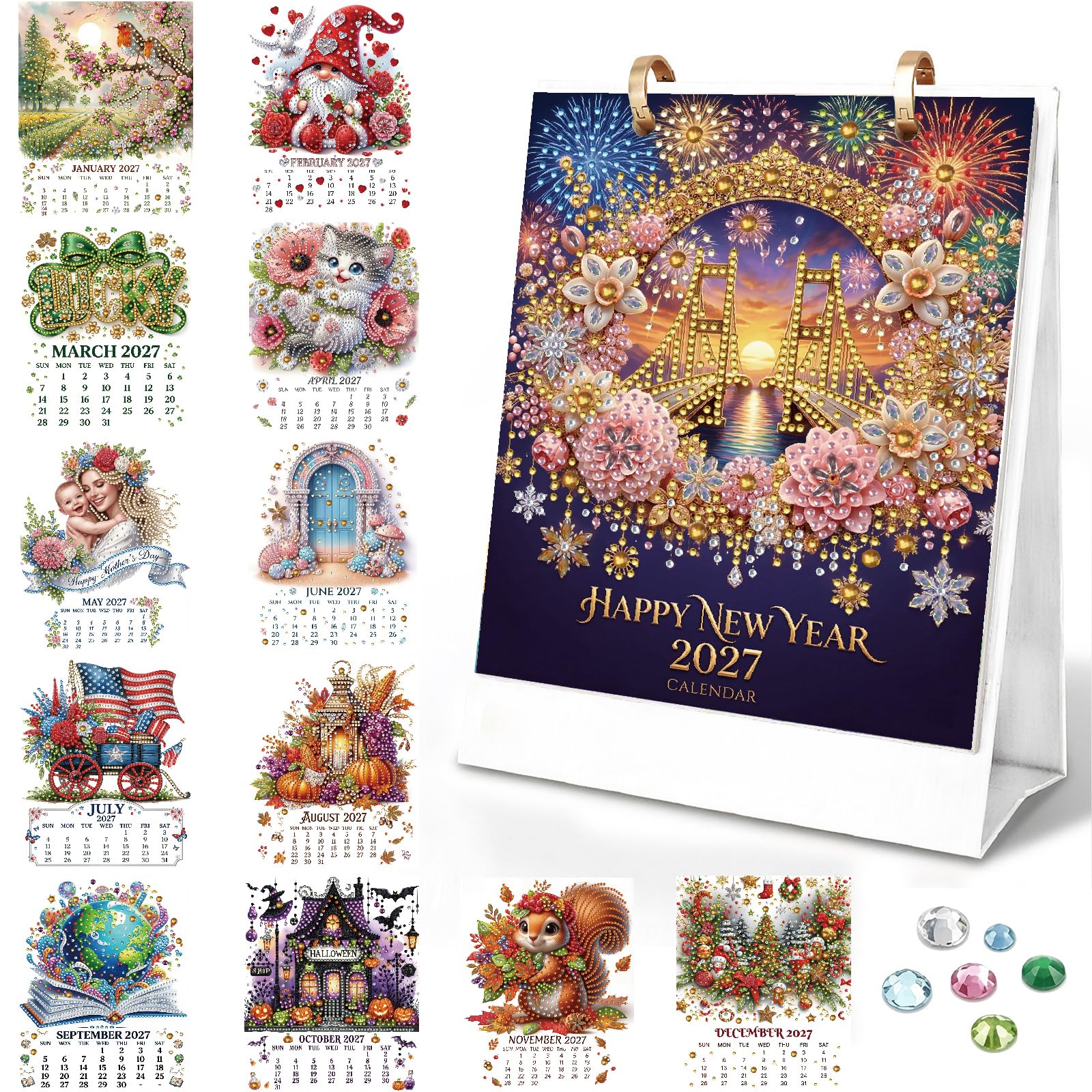 DIY Diamond Art Painting 2027 Desk Calendar, 5D Diamond Art Festival Flip Tabletop Calendar for Office Home Decoration-02