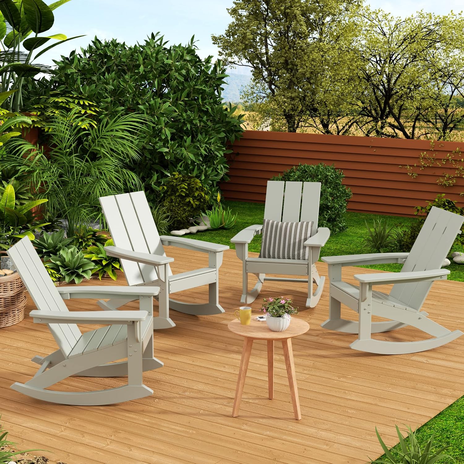 WestinTrends Ashore Patio Rocking Chairs Set of 2, All Weather Poly Lumber Plank Adirondack Rocker Chair, Modern Farmhouse Outdoor Rocking Chairs for Porch Garden Backyard and Indoor, Sand