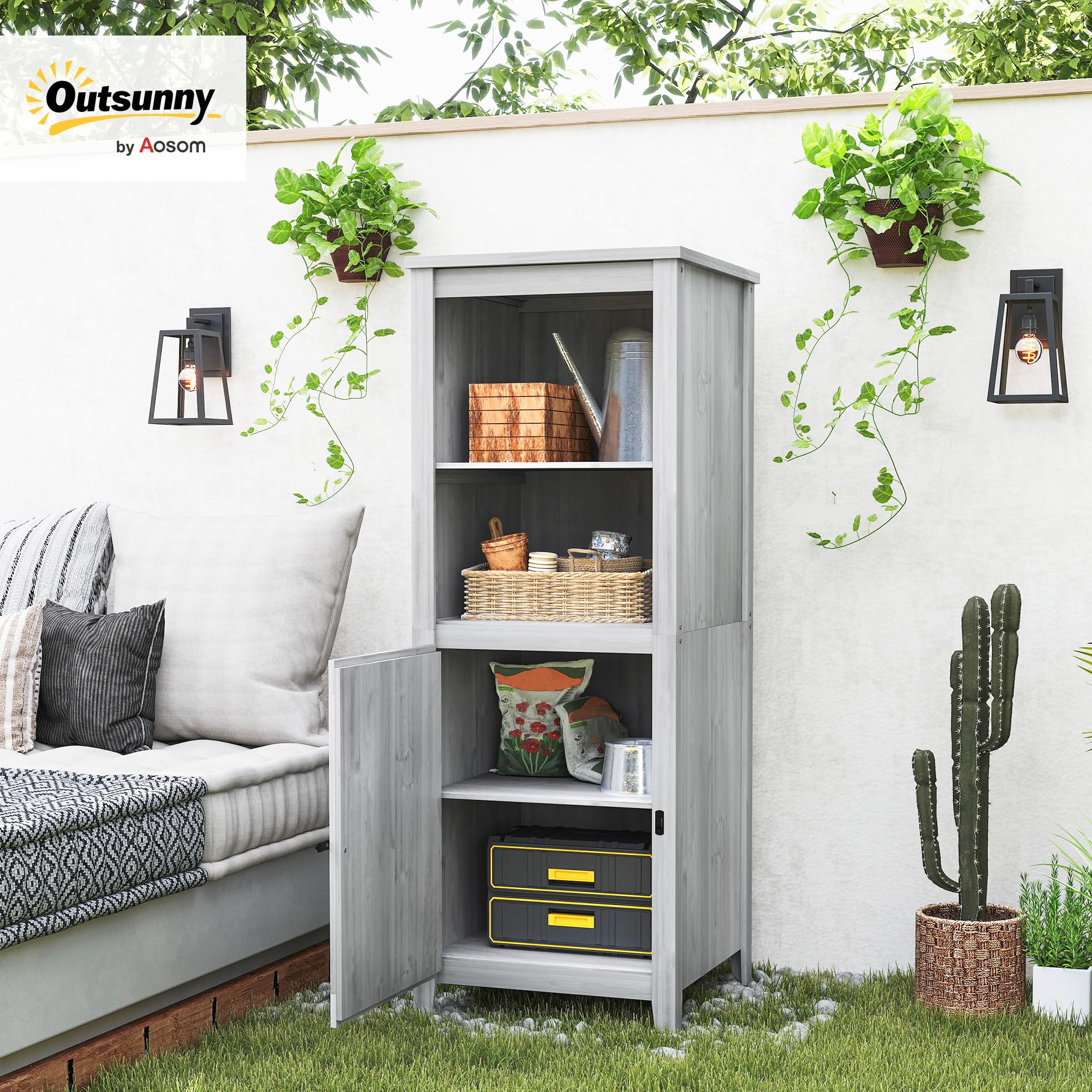 Outsunny Armoire de Jardin Bois 60x60x160cm Gris Clair verrouillable