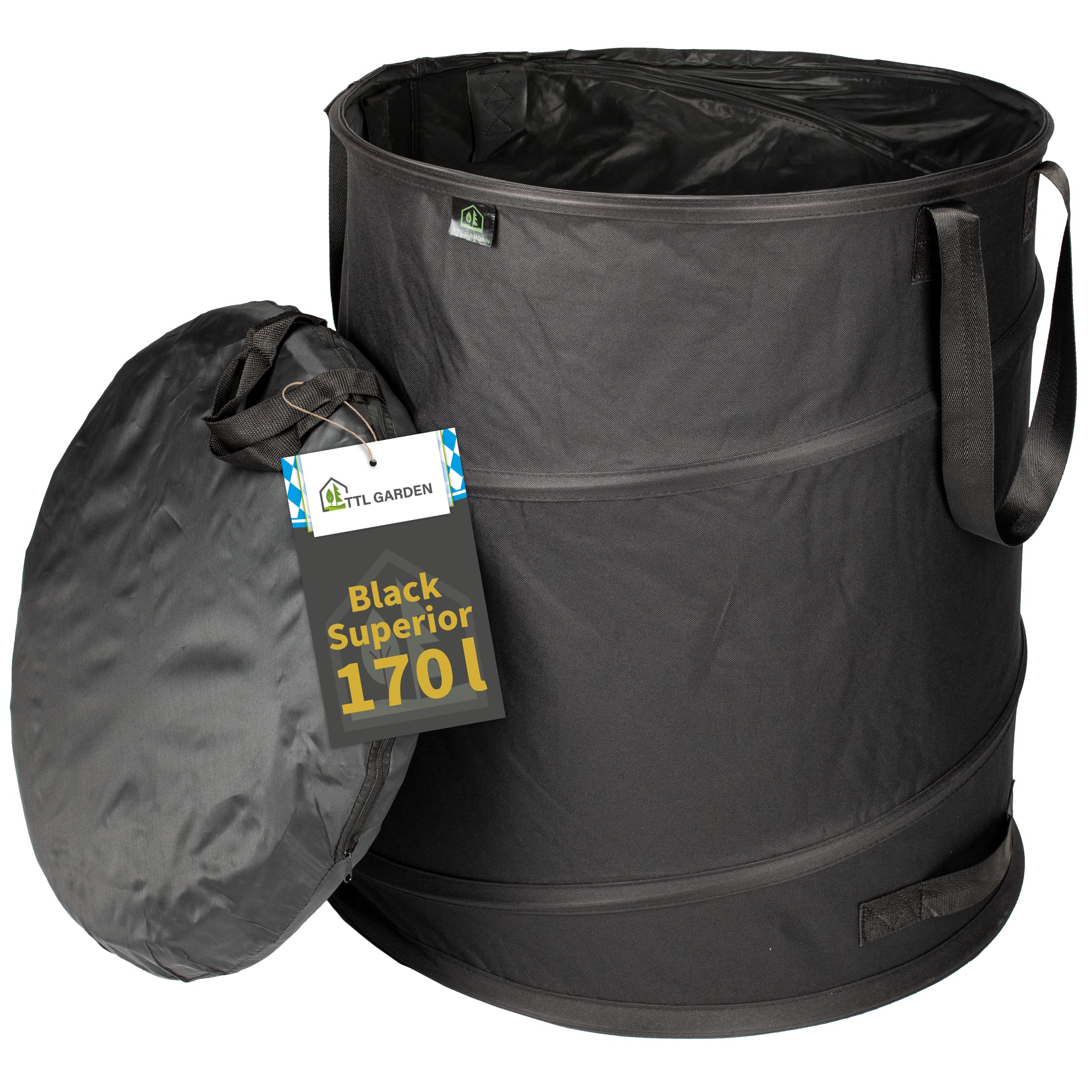 TTL Commerce TTL Garden Black Superior 170L Saco de jardín emergente - Fondo doble 260gsm Extra estable 600D Oxford 170 litros Bolsa para residuos de jardín Bolsa para hojas plegable Corte verde Resid | 170 litros extra estable bolsa de basura para jardín