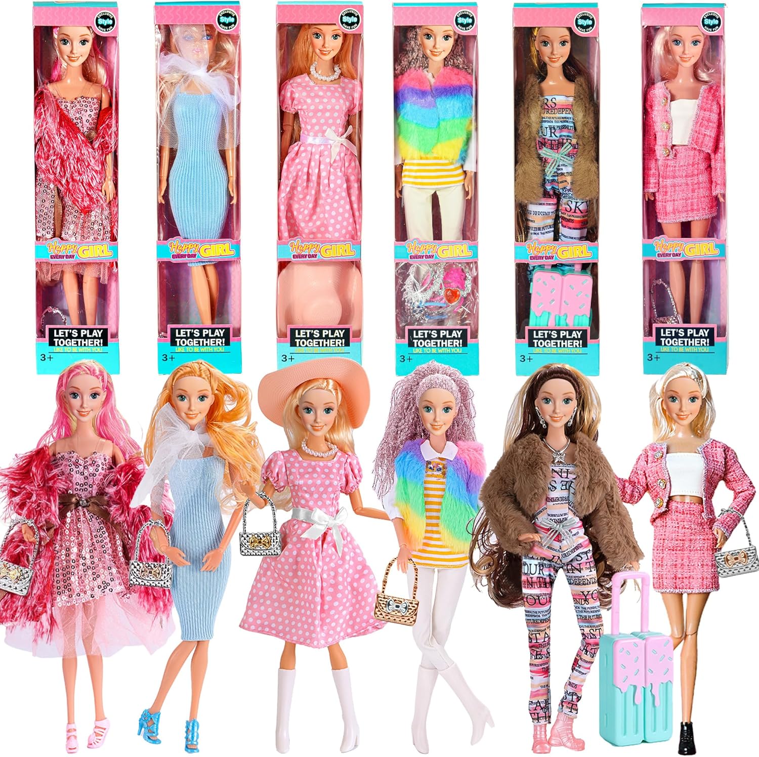iBayda 6 Pack Fashion 11.5 inch American Toy Prinecess Dolls Playset with Outfits Dress Design and Accessories Like Handbag Hat Crown Necklace Suitcase (Gift Box Package)