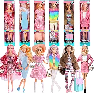 ebuddy 6 Pack 11.5-Inch Doll Collection - 6 Fashionistas with Complete Stylish Outfits & Accessories + Pink Gift Case