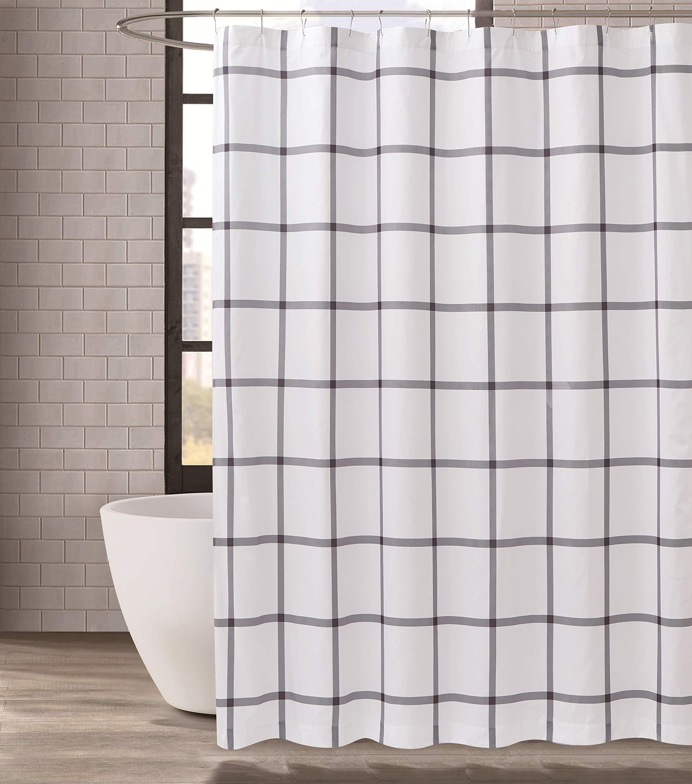 Truly Soft Everyday White/Charcoal Grey Truly Soft-72 Microfiber Square Shower Curtain-Printed Windowpane Collection, Standard (SC3860WCG-6200)