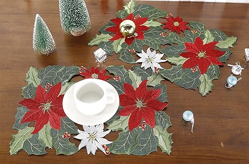 Miniatura 2 de GRANDDECO Juego de 2 manteles individuales rectangulares de Navidad de 12 x 18 pulgadas para fiestas de granja, bordados con flores rojas de