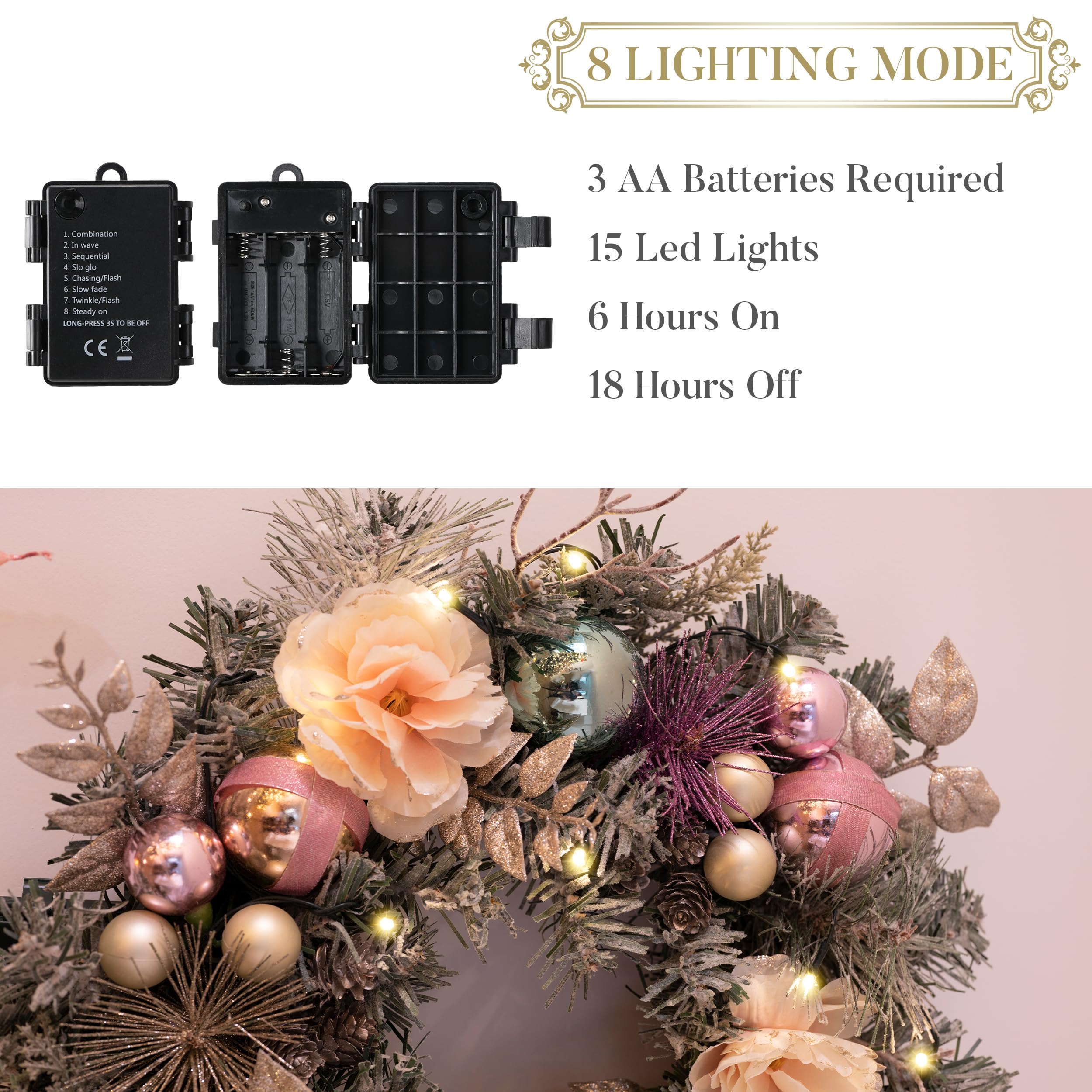 Valery Madelyn 18 Zoll/46 cm Weihnachtskranz für Haustür mit Funkelnde Traumrose und Goldener Kranz mit Kugeln, Weihnachtsriff mit LED Lichtern und Timer-Funktion für Weihnachtsfeiern Dekoration