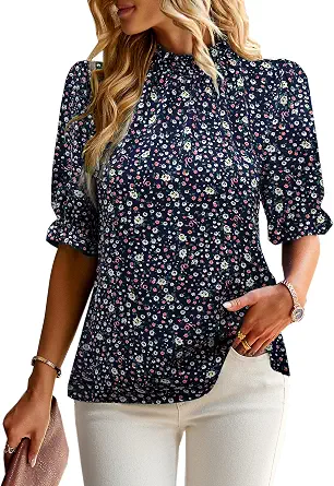 Women's Summer Boho Floral Ruffle Mock Neck Puff Sleeve Blouse
