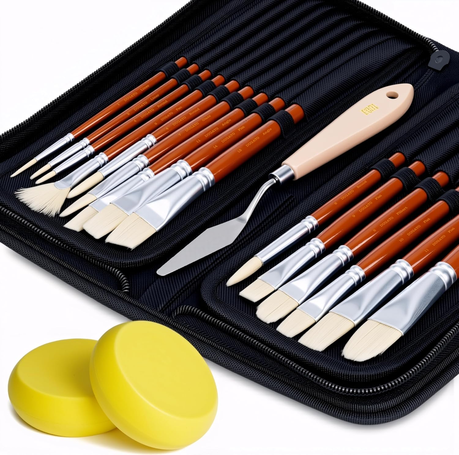 dugato artist paint brush set (15pc) - short handle hog bristle brushes for oil, acrylic, gouache, watercolor - includes pop-up case, palette knife & sponges - professional art supplies white hog hair - 15pcs