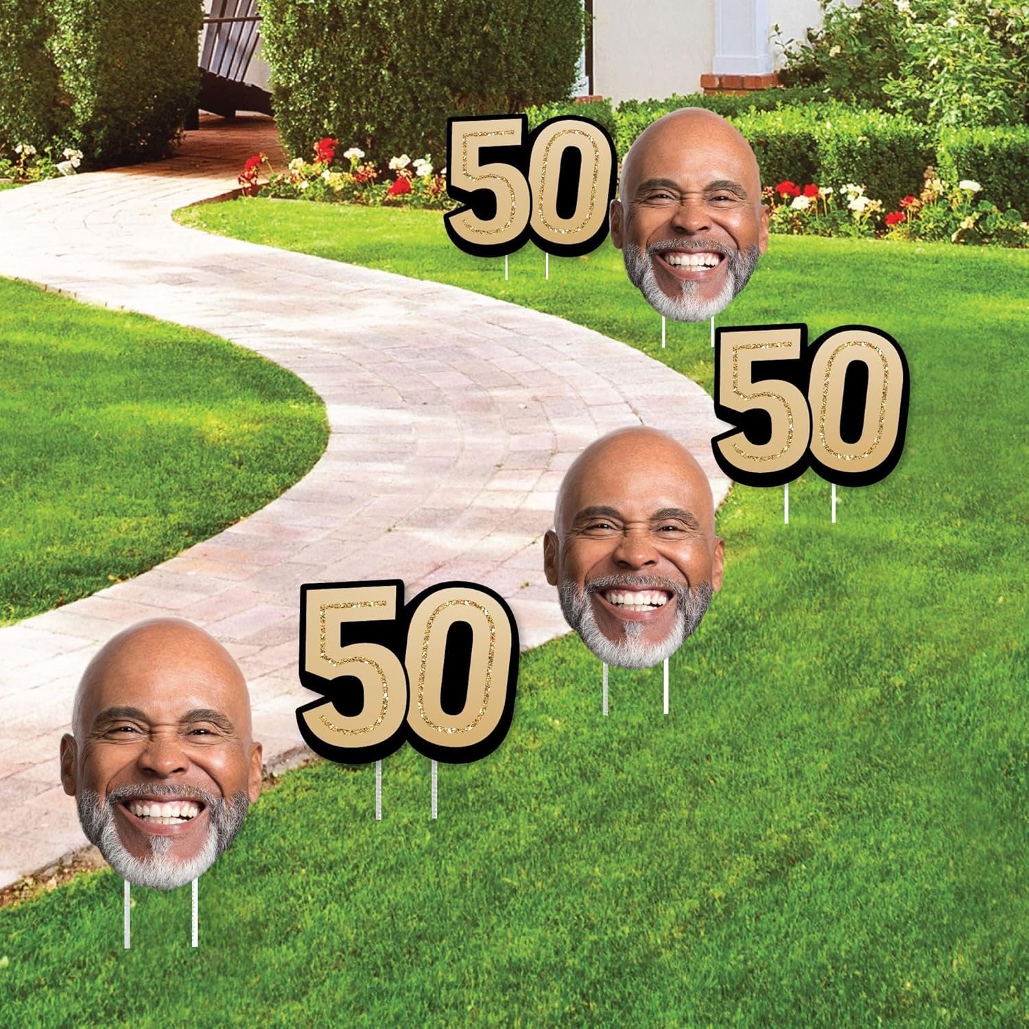 Big Dot of Happiness Custom Photo 50th Birthday Outdoor Decorations, Personalized Black & Gold Adult Birthday Lawn Ornaments, Face Cut-Out & Age 50 Party Yard Signs with Stakes - 10 Piece Set