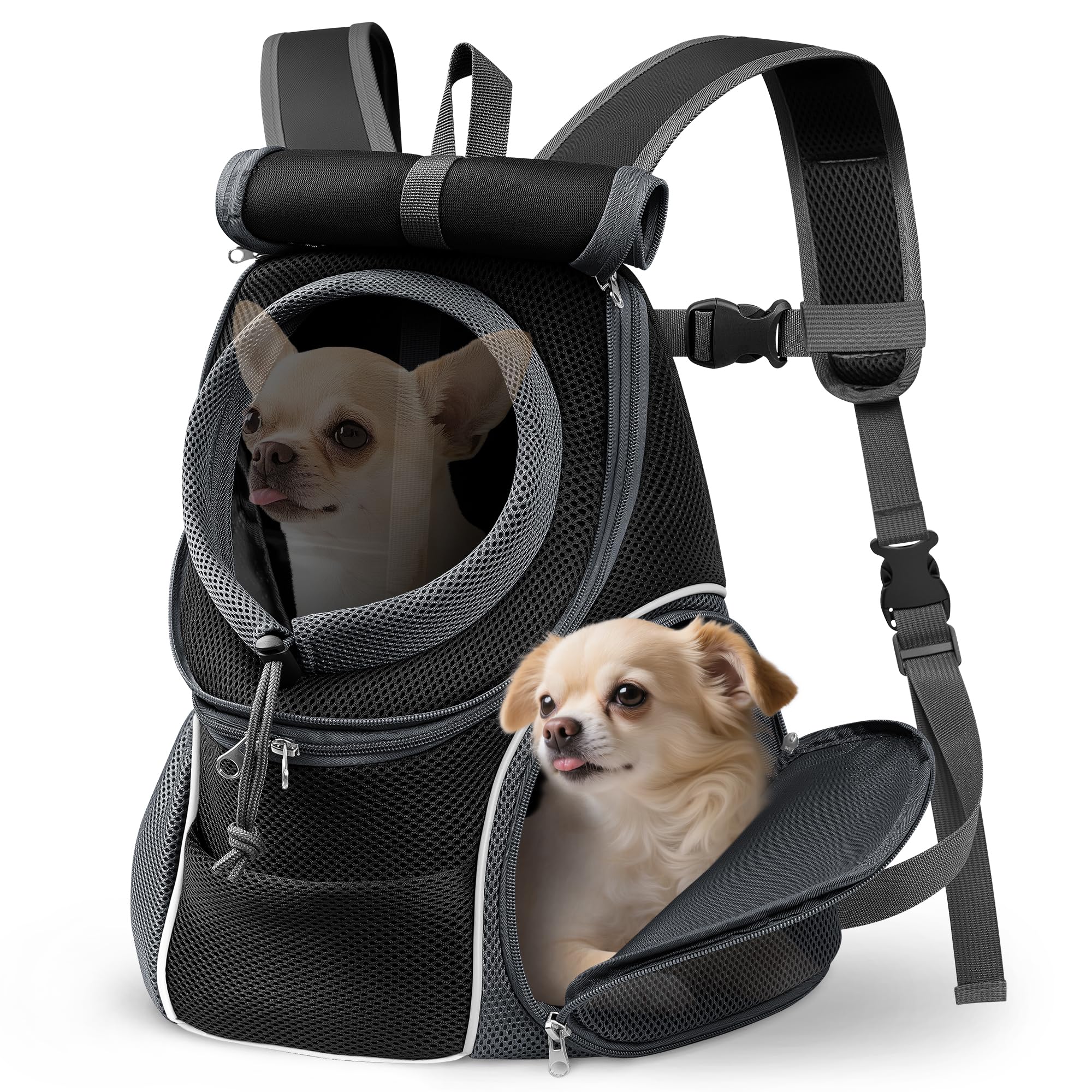 YUDODO Dog Front Carrier Backpack with Sunshade Hood, 2 Head-Out (Front & Side) Breathable Pet Carrier for Small Dog, Ventilated Doggy Backpack for